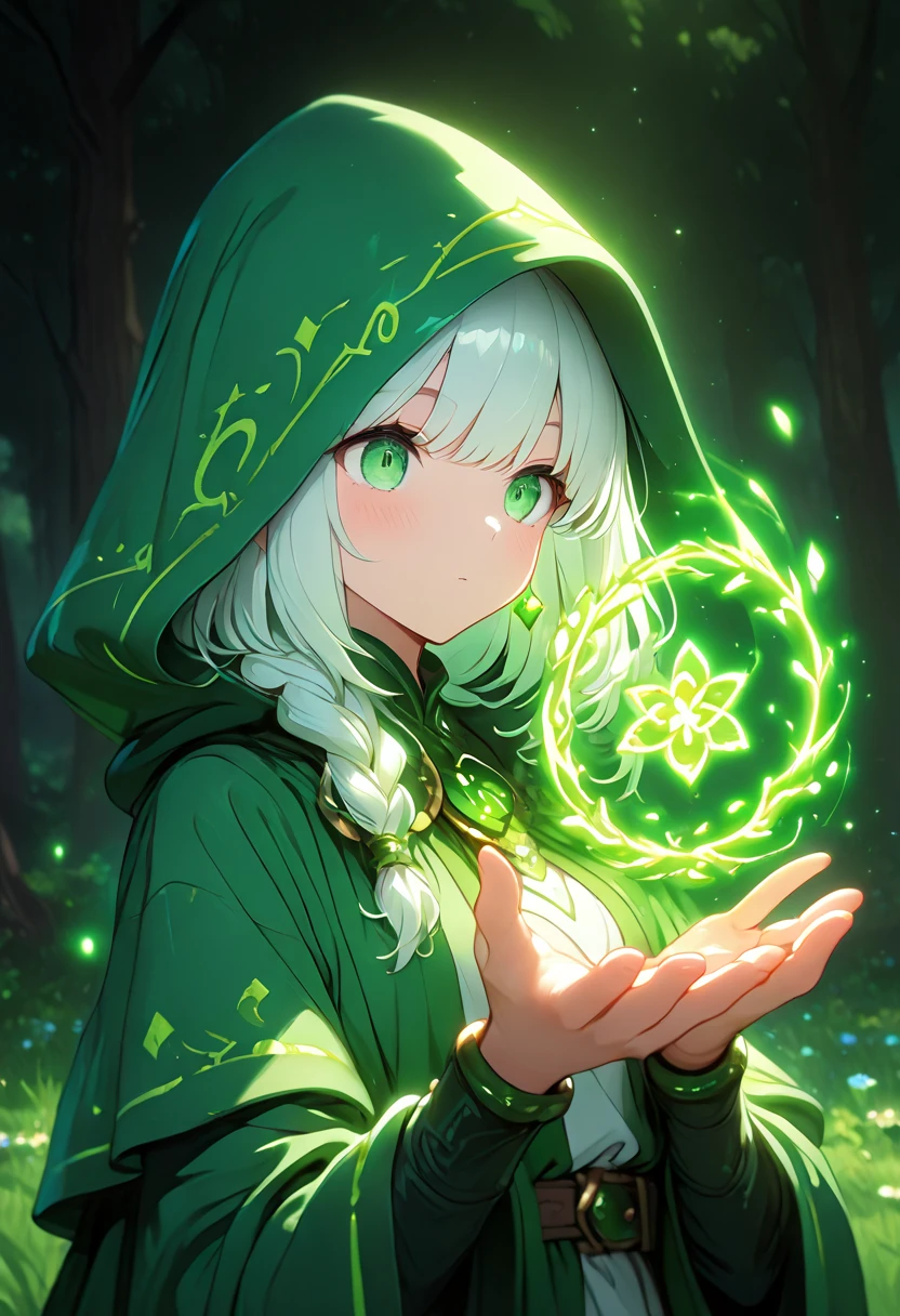 Masterpiece (quality), 1girl, green hair, green eyes, black magical robe with green details, green magic wings, holding up her hand to cast spell bind where there is a glowing clover symbols on it. magical forest with flowers in background