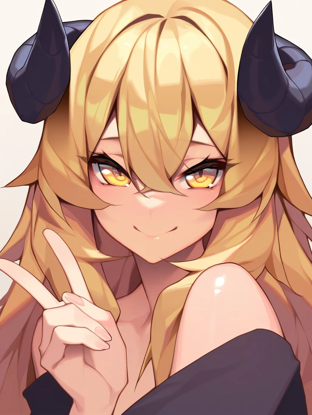 hi res, masterpiece, best quality, highres, v, yellow eyes, smile, long hair, looking at viewer, 1girl, hair between eyes, simple background, closed mouth, portrait, cartoon, shiny skin, shiny, demon horns