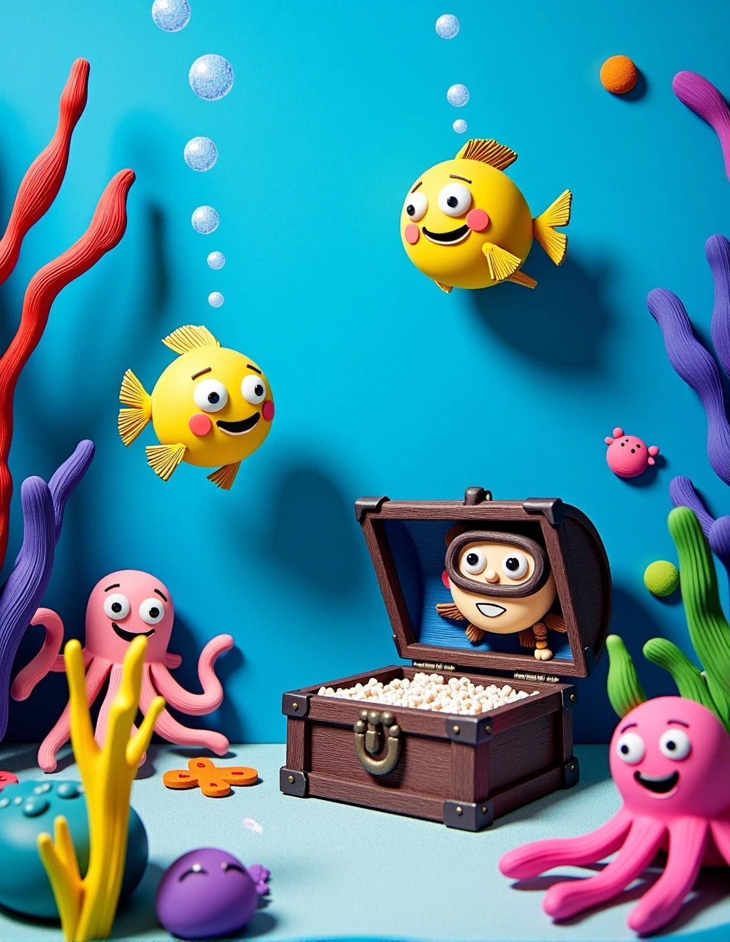 <lora:ClayAnimationStyle:1>Clay Animation Style, In a whimsical underwater scene, sea creatures like smiling fish and dancing octopuses move gracefully among swaying coral reefs, while a jovial scuba diver explores a sunken treasure chest, with bubbles rising to the surface.