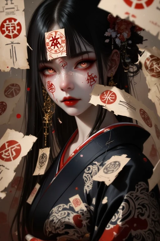 This is a highly detailed, digital painting in a realistic style, showcasing a young woman with an ethereal, almost ghostly appearance. She has fair, almost translucent skin and long, dark hair that seems to blend with the surrounding elements. Her sexy and Her eyes are striking, paper talismans with intricate symbols covered her with a piercing, almost glowing intensity, and her lips are painted a deep red, adding to her haunting beauty. She is dressed in a dark, tattered kimono with intricate, faded patterns that blend into the background.