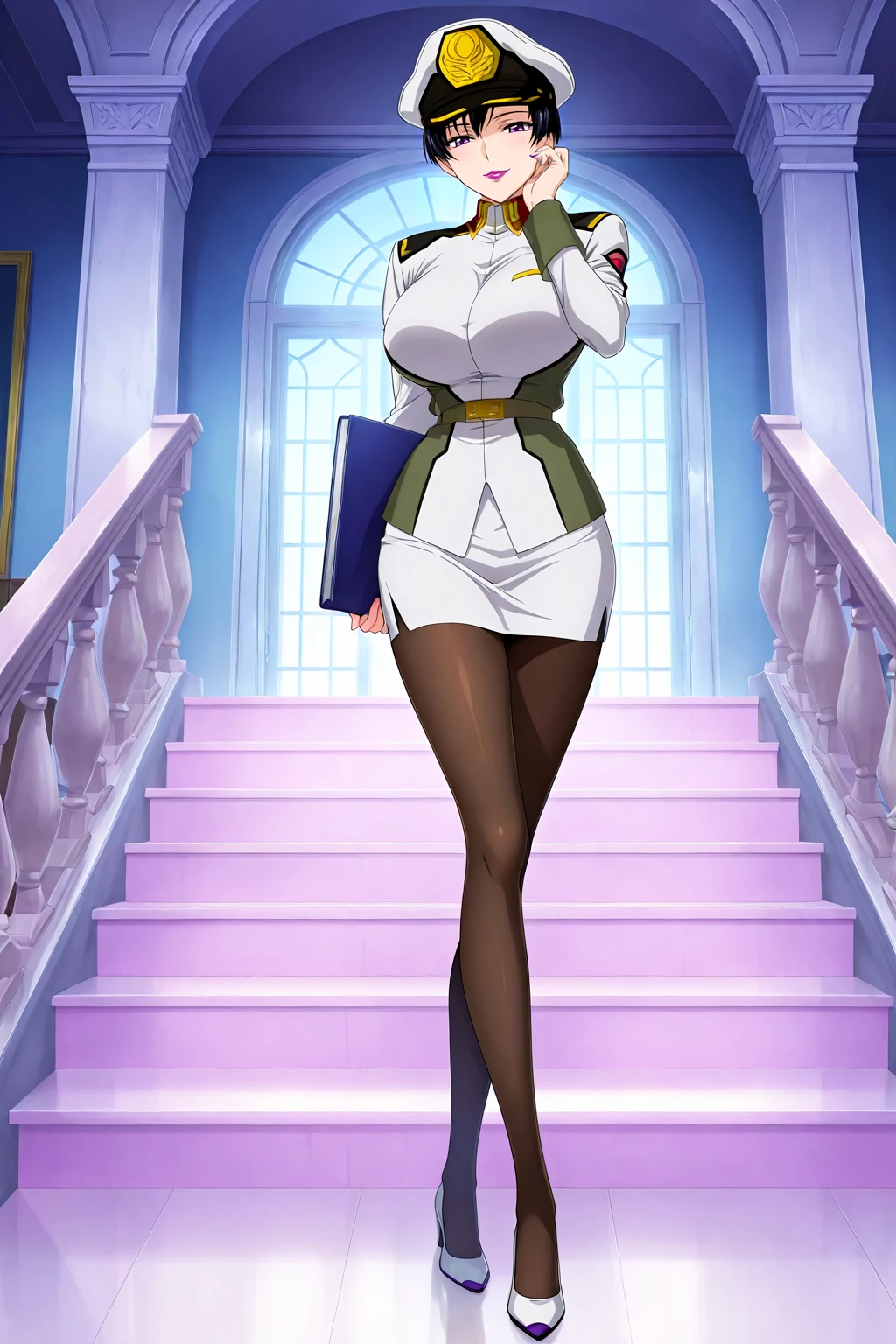 front view,
1girl,mature female,milf,huge breasts,narrow waist,wide hips,looking at viewer,full body,standing,high heels,pencil skirt,miniskirt,pantyhose,seductive smile,long legs,slim legs,
Best quality,masterpiece,soft light,official art,high quality,highres,absurdres,epic scene,natural textures,natarle badgiruel,black hair,short hair,purple lipstick,purple eyes,military uniform,hat,natarle badgiruel,black hair,short hair,purple lipstick,purple eyes,military uniform,hat,<lora:Natarle Badgiruel IL:1>,