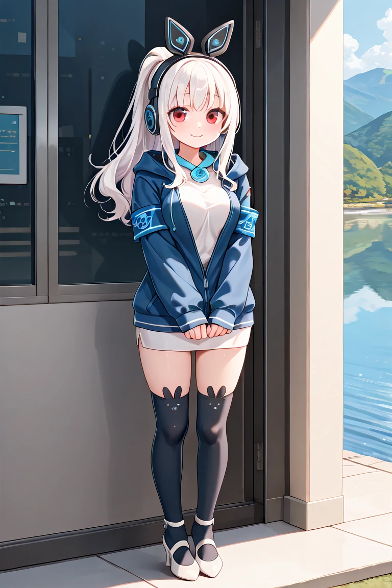 <lora:KRTGirlsNana:1>, 1girl, solo, full shot, standing, smile, lovely, looking at viewer, lake view, blush, long hair, red eyes, ponytail, white hair, medium breast, jacket, hood, animal ear headphones, blue jacket, hood down, shirt, long sleeves, armband, thighhighs, black animal ear legwear, skirt, white heels