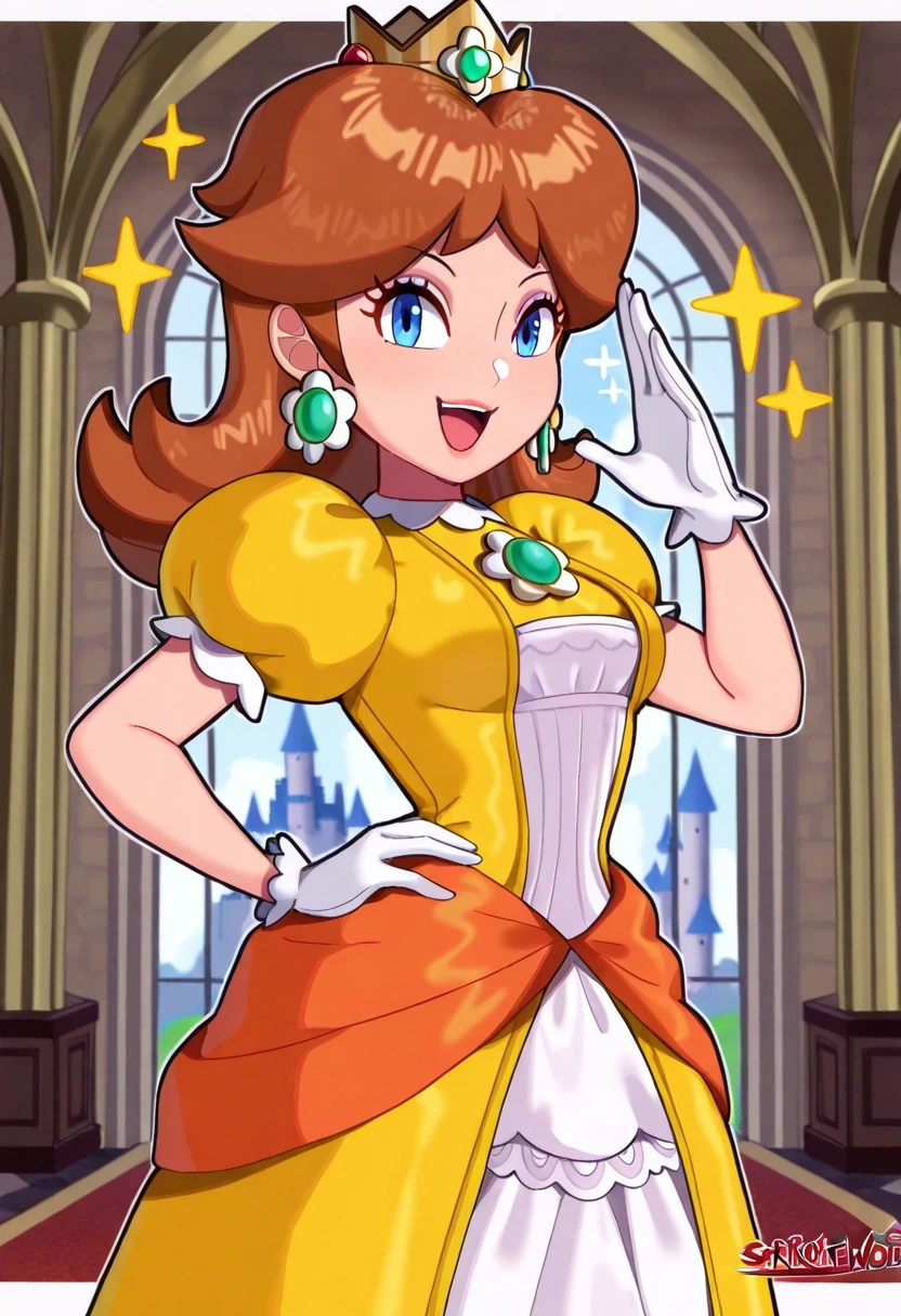 masterpiece, sarukaiwolf, 1girl, solo, princess daisy, dress, looking at viewer, happy, standing, pose, open mouth, indoors, castle