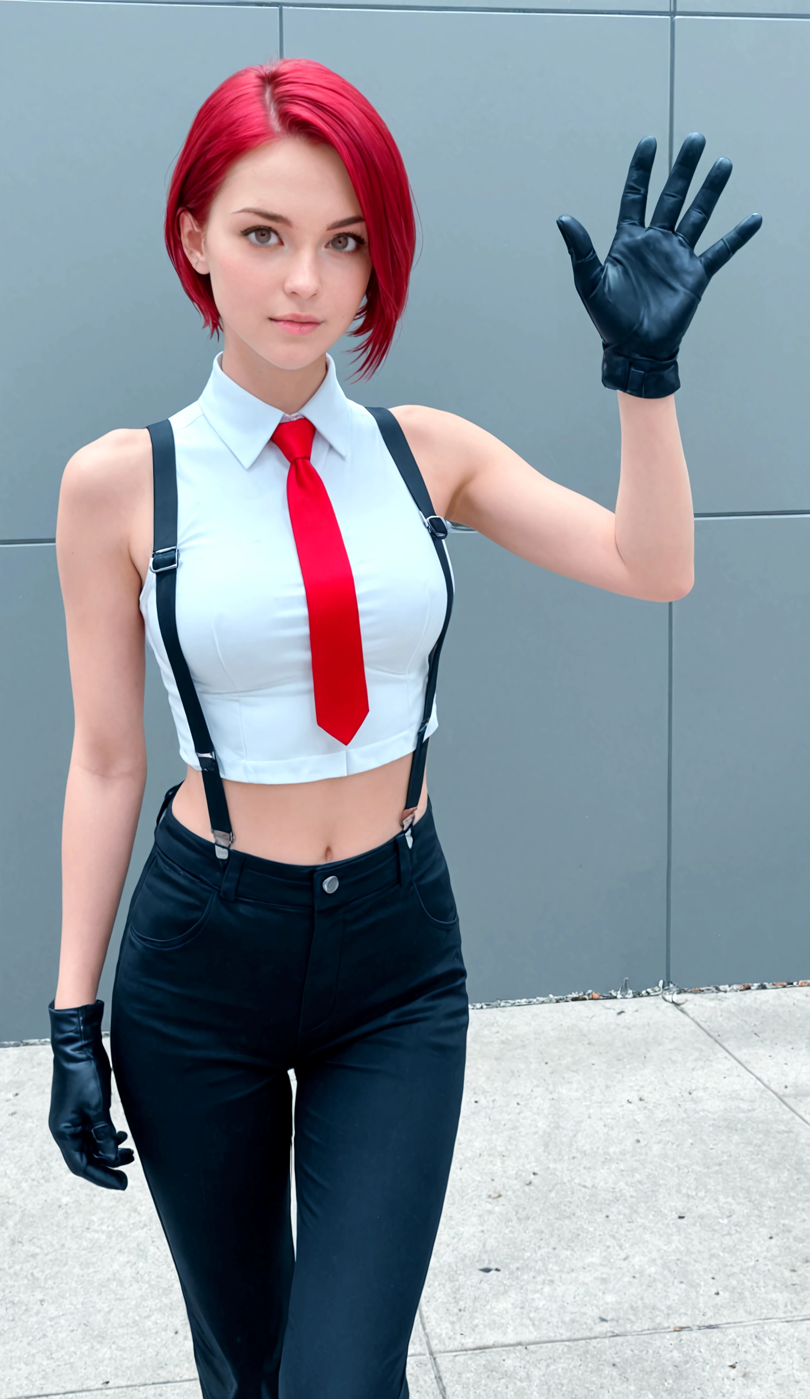 VanessaKoF, short_hair, red_eyes, black_gloves, red_necktie, bare_shoulders, navel, sleveless, midriff, pants, suspenders, cropped_top, white_shirt, cowboy shot, waving, looking at viewer