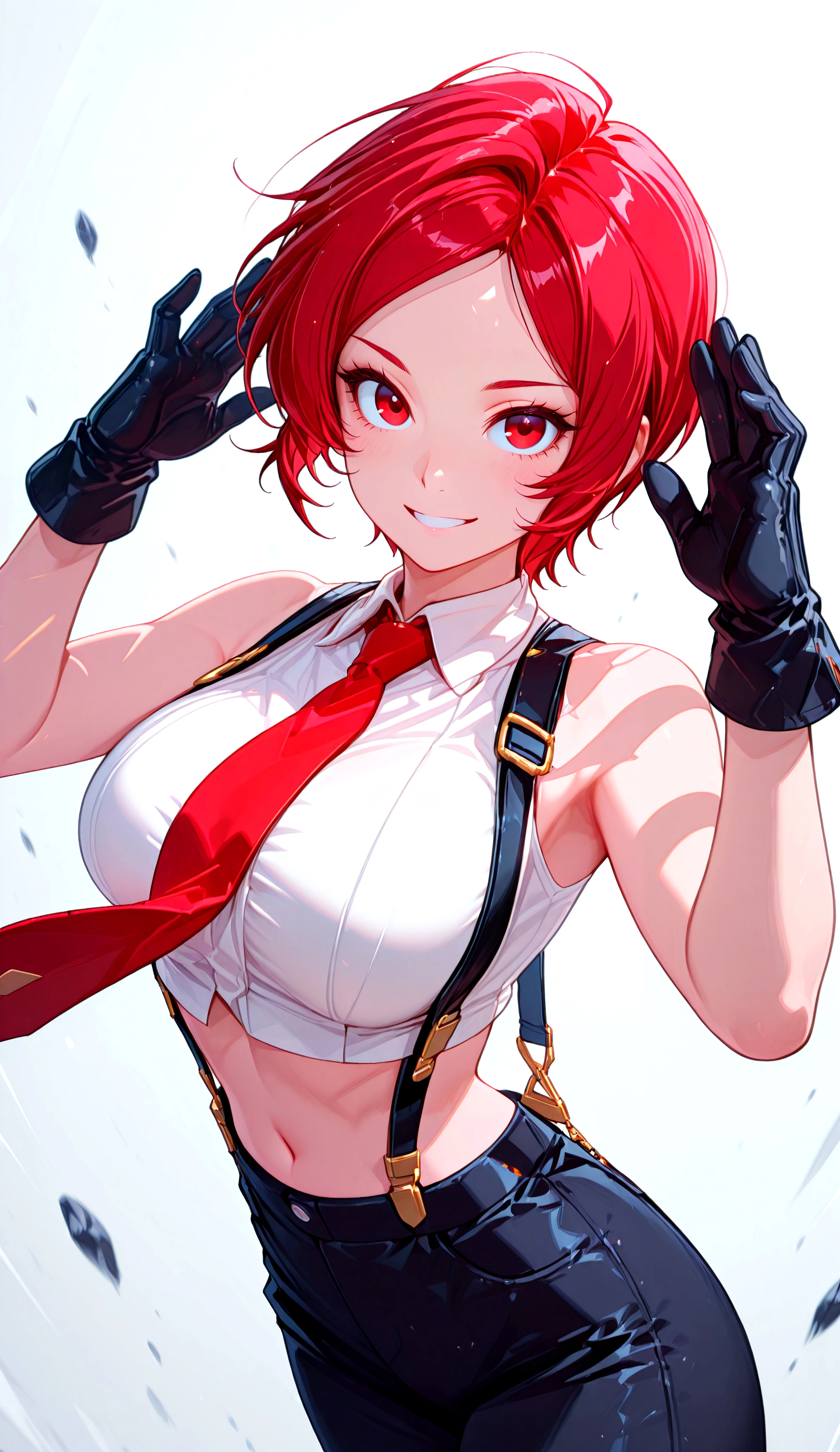 VanessaKoF, short_hair, red_eyes, black_gloves, red_necktie, bare_shoulders, navel, sleveless, midriff, pants, suspenders, cropped_top, white_shirt, breasts, cowboy shot, smiling, hands in the air, looking at viewer, simple background