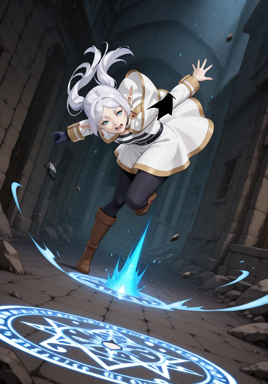 masterpiece, best quality, amazing quality, very aesthetic, absurdres, newest, wfus3, frieren_(sousou_no_frieren), 1girl, long_hair, silver_hair, blue_eyes, elf, pointy_ears, anime, fantasy, intricate_clothing, white_and_blue_outfit, cape, high_boots, gloves, dynamic_pose, action_shot, spellcasting, glowing_magic, cinematic_lighting, magic_circle, energy_particles, wind_effects, floating_debris, battle_scene<lora:Wfus3.safetensors:1.0:1.0>