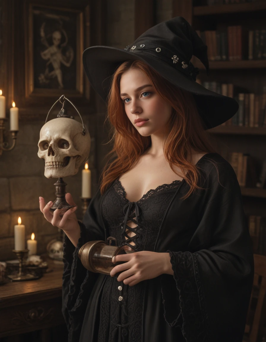Stable_Yogis_PDXL_Positives
realistic, fantasy photograph, detailed cinematic lighting, expressive, dynamic, fantasy world, magical world, dark magic, black cauldrons, forbidden magic, skulls, spell casting, hkmagic, dark theme, magical elements, holding a black candle, holding a lantern formed like a skull, beautiful witch woman, intricate witch robe, lace tied dark clothes, wide brim witch hat, red hair, dark blue eyes, hands, good_hands, casting, perfecteyes, concept art, realistic