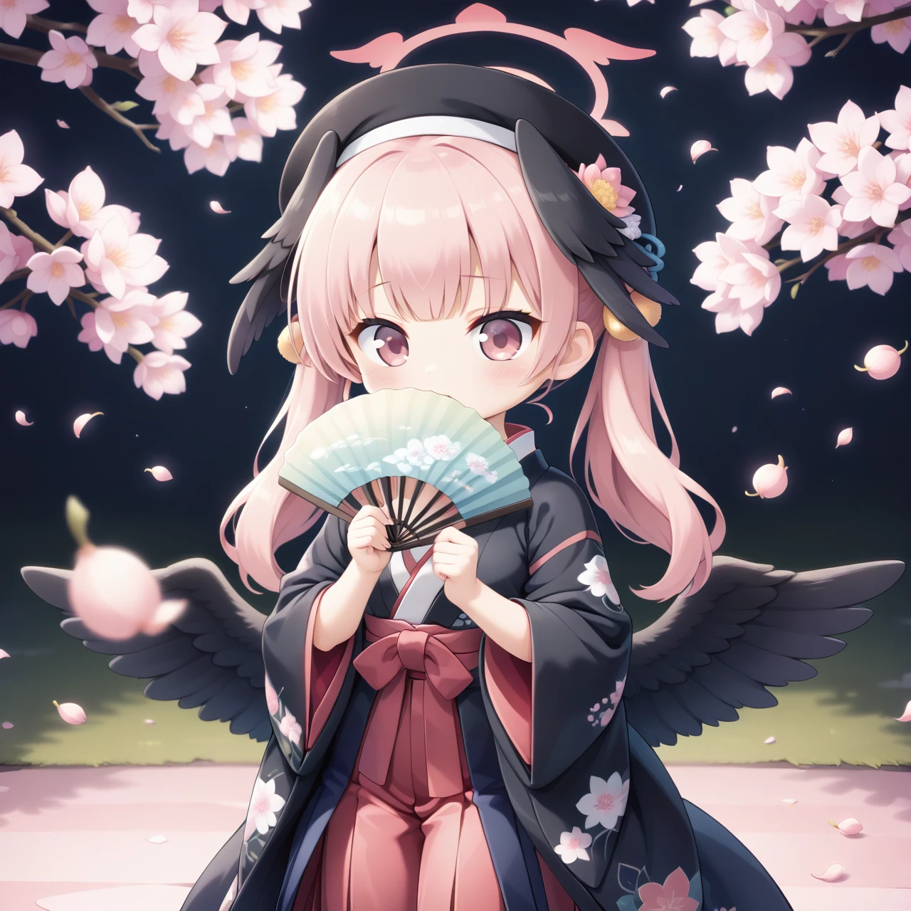 <lora:åäºå風:0.7> juunihitoe, 12 layered kimono, very long haori coat, wide hem, hakama, hold fan front mouth with hands, chibi stand in peach flower <lora:koharu_(blue_archive)_ponyxl_v1:0.5> aakoharu, pink hair, twintails, halo, head wings, beret, black headwear, pink eyes, small breasts, black wings,