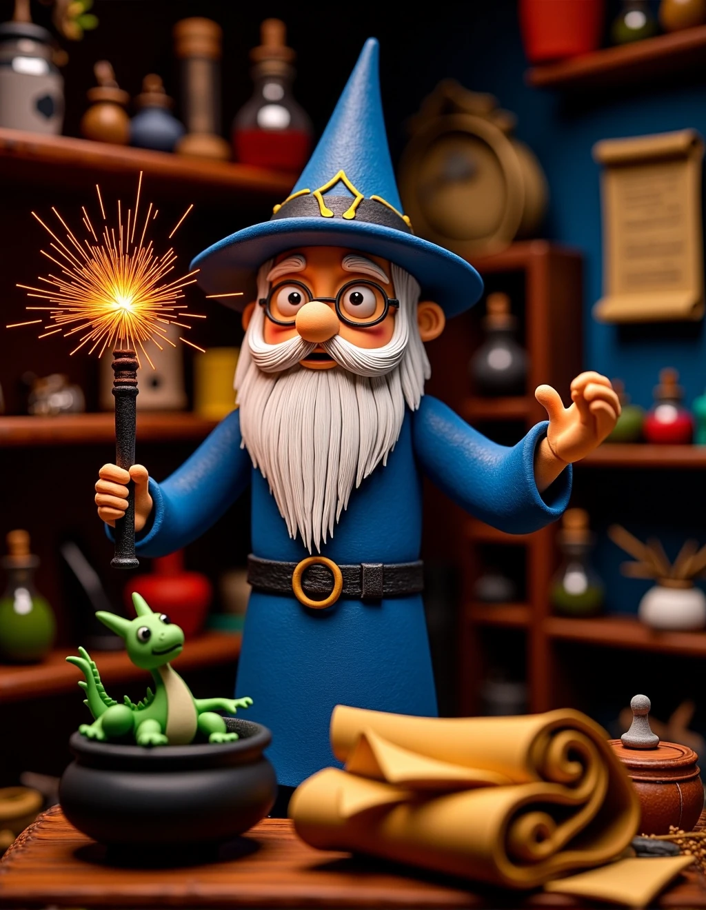 <lora:ClayAnimationStyle:1>Clay Animation Style, A wizard stands in his cluttered workshop, surrounded by bubbling potions and ancient scrolls. With a wave of his wand, sparks fly, and a small dragon emerges from a cauldron, as his long beard and pointed hat add to his mystical appearance.