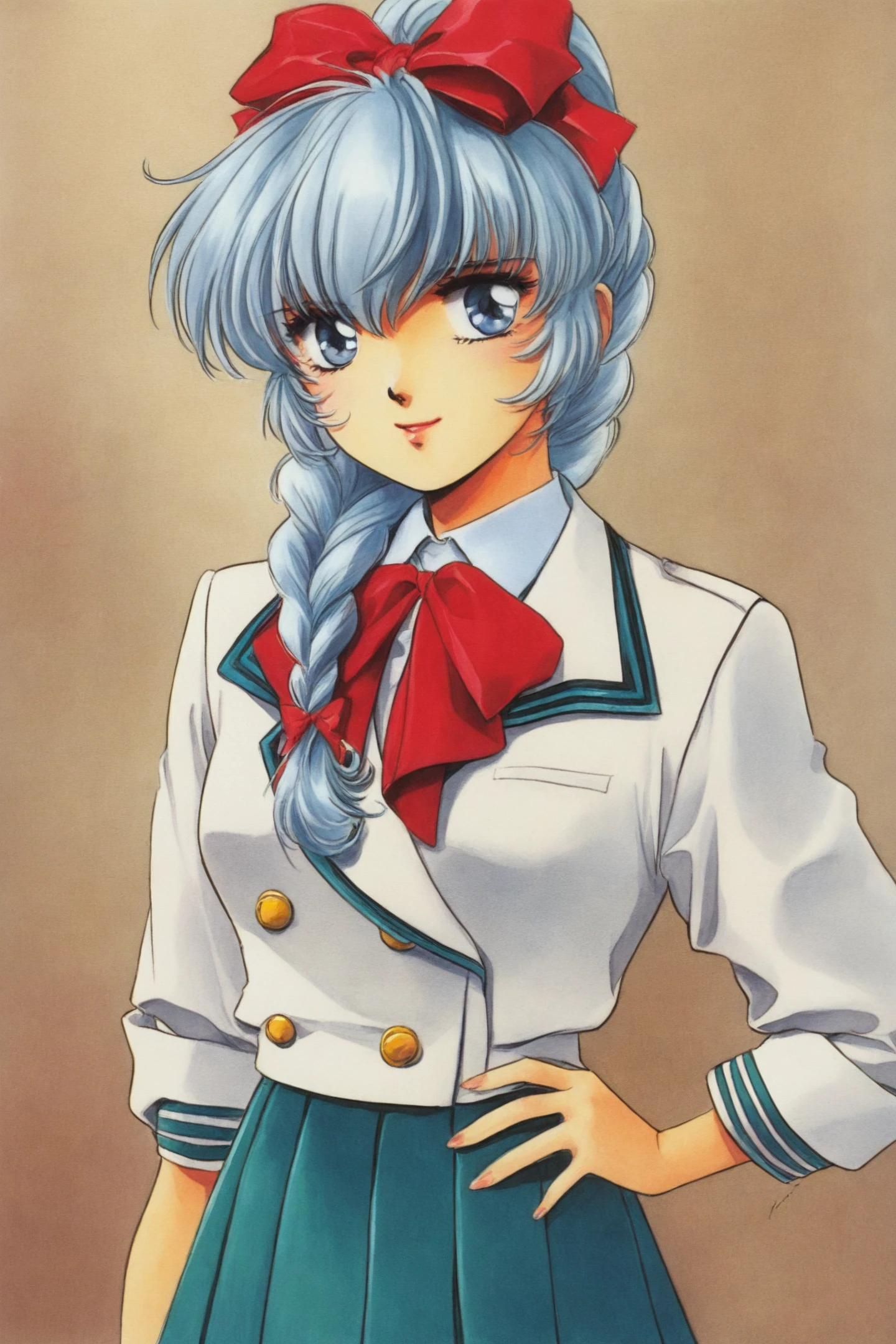 Teletha Testarossa,1girl,solo,telethaseifuku,grey hair,braid,hair bow,blue eyes,braided ponytail,single braid,hair over shoulder,school uniform,pleated skirt,teal skirt,white shirt,white jacket,red bow,blue hair bow,white socks,standing,retro artstyle,traditional media,watercolor (medium),upper body,
<lora:Shiki Doji_illustriousXL:0.4>,
<lora:Hiroyuki Kitazume _illustriousXL:0.9>,
