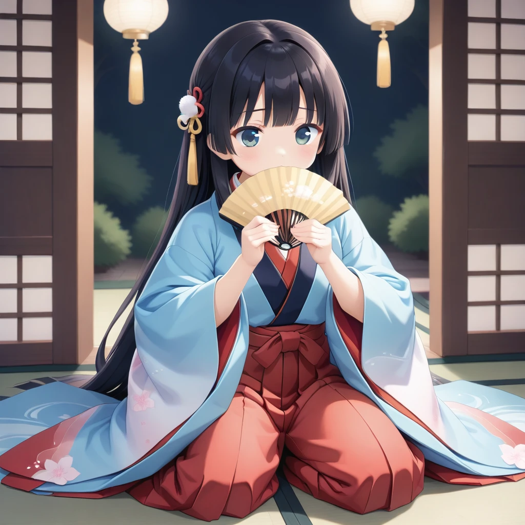 <lora:åäºå風:0.7> juunihitoe, 12 layered clothes, layered haori, long wide hem behind, hakama, fan with hands on mouth, sit