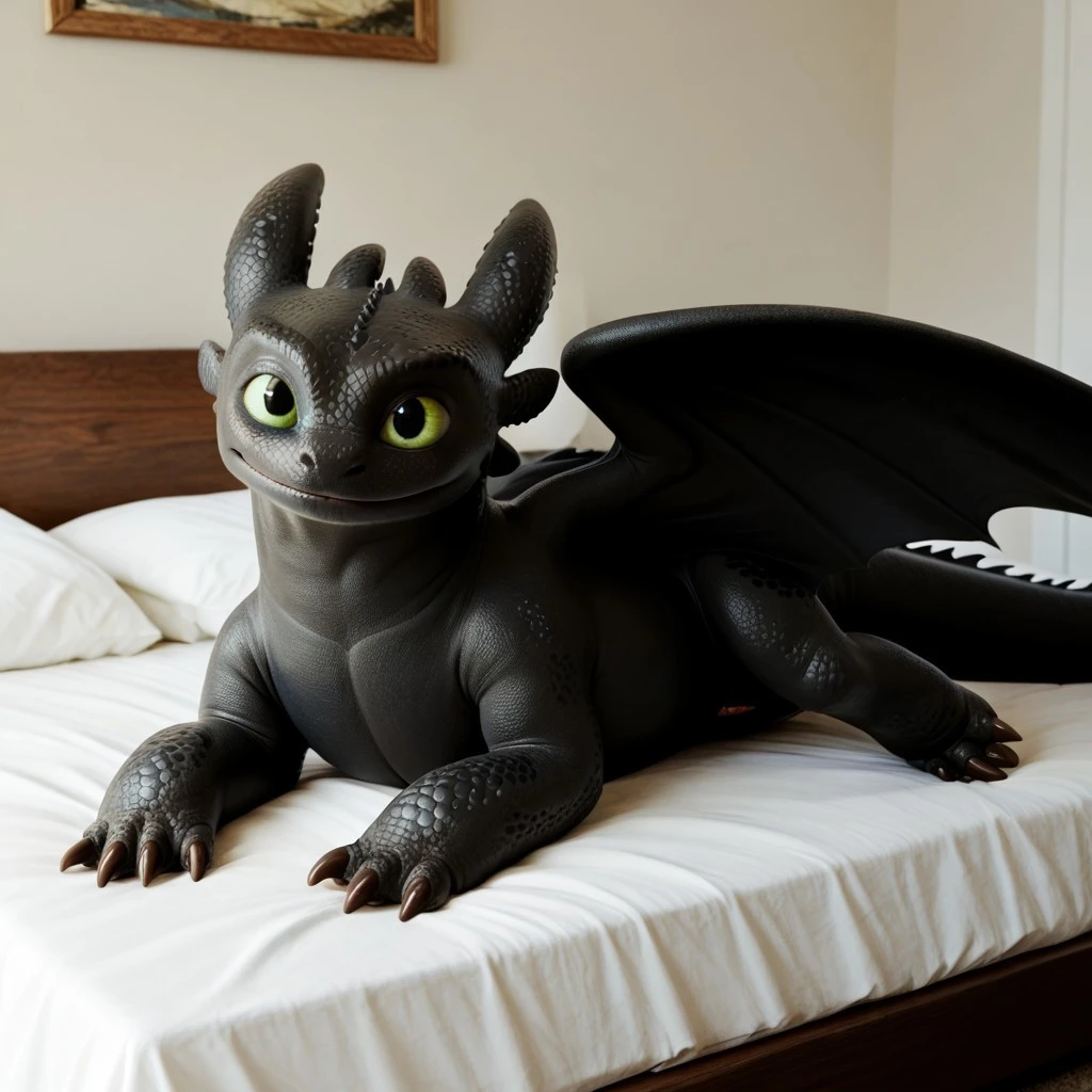 score_9, score_8_up, score_7_up, score_6_up, score_5_up, score_4_up, masterpiece, high quality, realistic, detailed, best quality, white bed, solo, rating_safe, source_furry, bedroom, smiling, lying on belly, looking at viewer, on bed, toothless_httyd, dragon, night_fury, black scales, wings, tail, claws, male, 1boy, green sclera, black pupils, feral