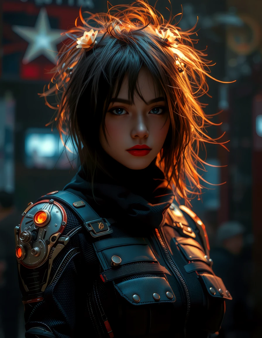 neo-erotic, street samurai android young french woman, vr fight club and arena, wearing nano-weave utility jumpsuit, Biomechanical cyborg arms with organic elements fused with metal, pulsing veins, biomechanical textures,   style of  Benedick Bana, messy, streaks, Maciej Kuciara,    <lora:flux_trainer/moxiePunk_v3S>