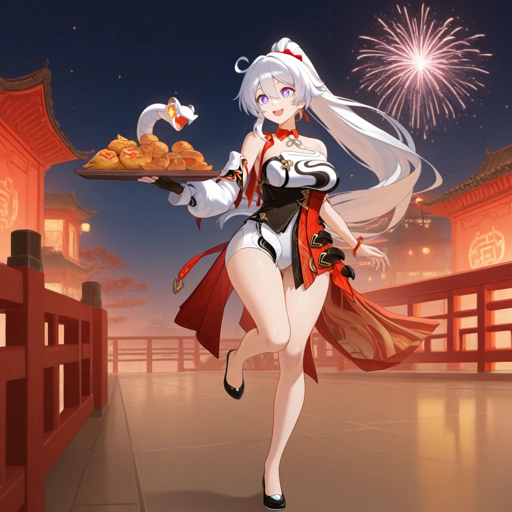 masterpiece, best quality, ultra-detailed, very aesthetic, detailed background, year 2023, very aesthetic, newest, scenery, highres, 4k, absurdres, 8k, colorful,vibrant, glowing, perfect face, 2d, perfect eyes, detailed eyes, 1girl, solo, Chinese new year, Chinese architecture, Chinese decor, balcony, railing, fireworks, outdoors, detailed background, night, night sky, night time, walking, holding tray, food on tray, excited smile, looking to side, chinese food, on one leg,full body, floating snake, +_+, RicCakHi3, animal, red scarf, horns, snake, white snake, black footwear, asymmetrical footwear, single boot, single shoe, KiaKaBum, high ponytail, kiana kaslana, white hair, long hair, blue eyes, symbol-shaped pupils, white leotard, leotard under clothes, black corset, corset, underbust, snake print, detached collar, chinese clothes, red collared collar, half-skirt, high-waist skirt, red skirt, red waist cape, snake around leg, asymmetrical clothes, single-shoulder cape, single bare shoulder, red cape, light brown neck ribbon, halterneck, single detached sleeve, sleeve garter, layered clothes, jewelry, single sleeve, arm strap, armlet, single wrist guard, single fingerless glove, black gloves, red tassel, hair scrunchie,
masterpiece, best quality, ultra-detailed, very aesthetic, newest, scenery, absurdres, perfect anatomy, perfect legs, perfect face, perfect eyes, clear eyes, beautiful eyes,