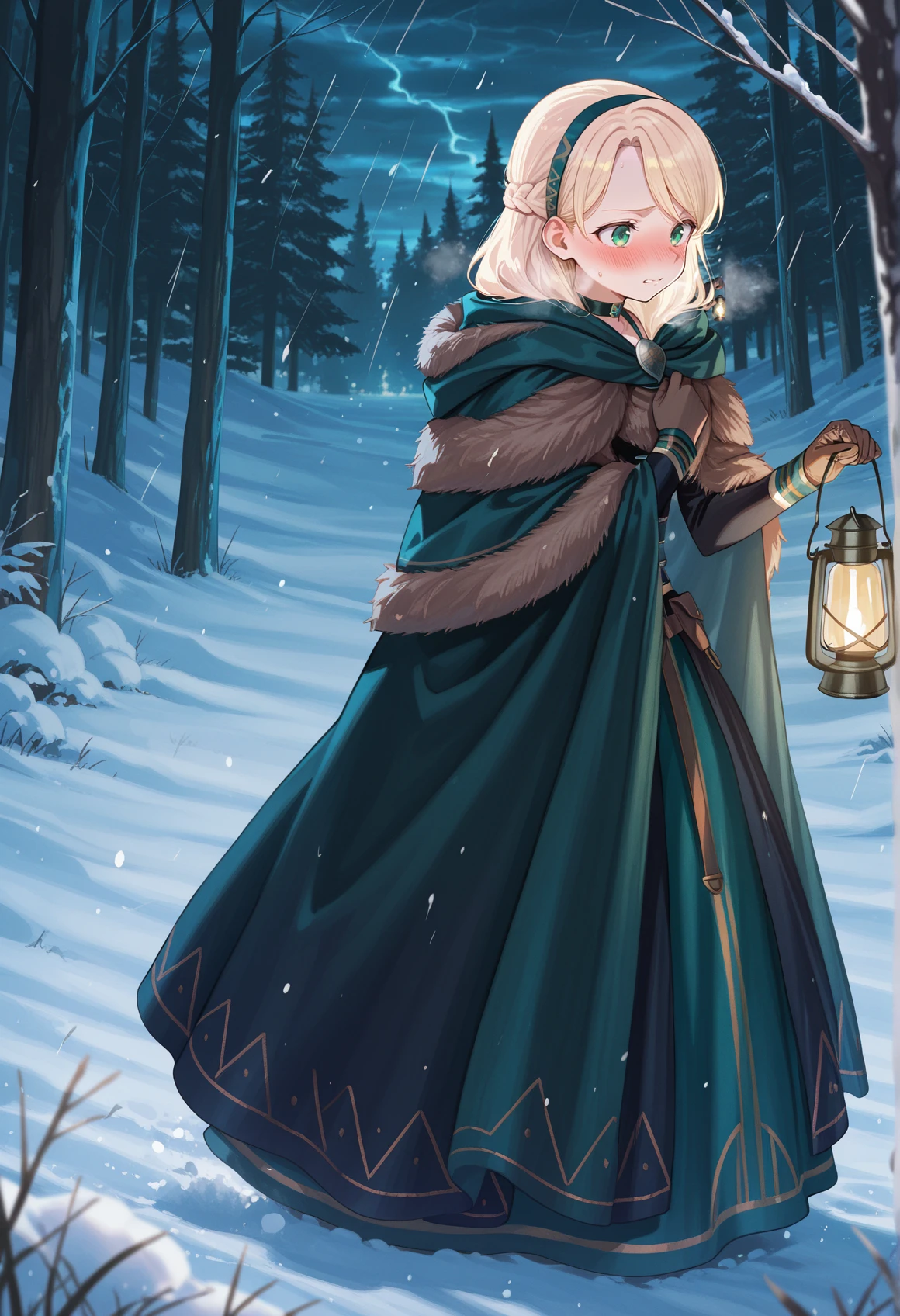 1girl, solo, blonde hair, green eyes, hairband, french braid, choker, german clothes, jewelry, capelet, dress, long sleeves, long skirt, apron, frills, cloak, fur trim, holding lantern, night, gloves, worried, blush, nose blush, heavy breathing, forest, snow, storm, walking <lora:Gerda_FGO_illus:1>, masterpiece, best quality, amazing quality, very aesthetic, absurdres, highres, newest