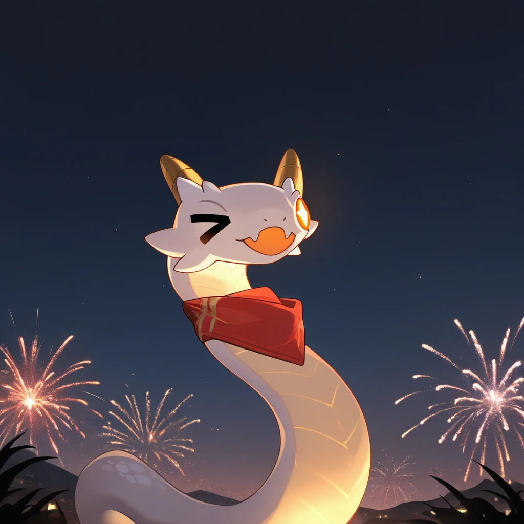 masterpiece, best quality, ultra-detailed, very aesthetic, detailed background, year 2023, very aesthetic, newest, scenery, highres, 4k, absurdres, 8k, colorful,vibrant, glowing, perfect face, 2d, perfect eyes, detailed eyes, 1girl, solo, night sky, cowboy shot, fireworks, floating, open mouth, smile, +_+, RicCakHi3, animal, red scarf, horns, no humans, snake, white snake, red eyes,
masterpiece, best quality, ultra-detailed, very aesthetic, newest, scenery, absurdres,