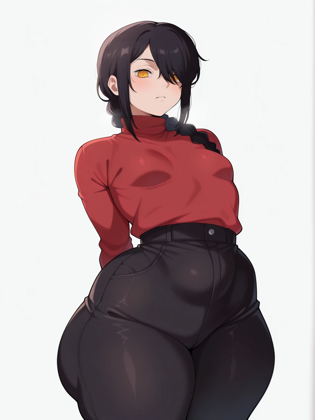 (best quality,masterpiece) thicc, 1 woman, small breasts, wide hips, thick thighs, happy, bob haircut, eyes closed, black hair, asian, small waist, short, shortstack, shorts, overzised red shirt