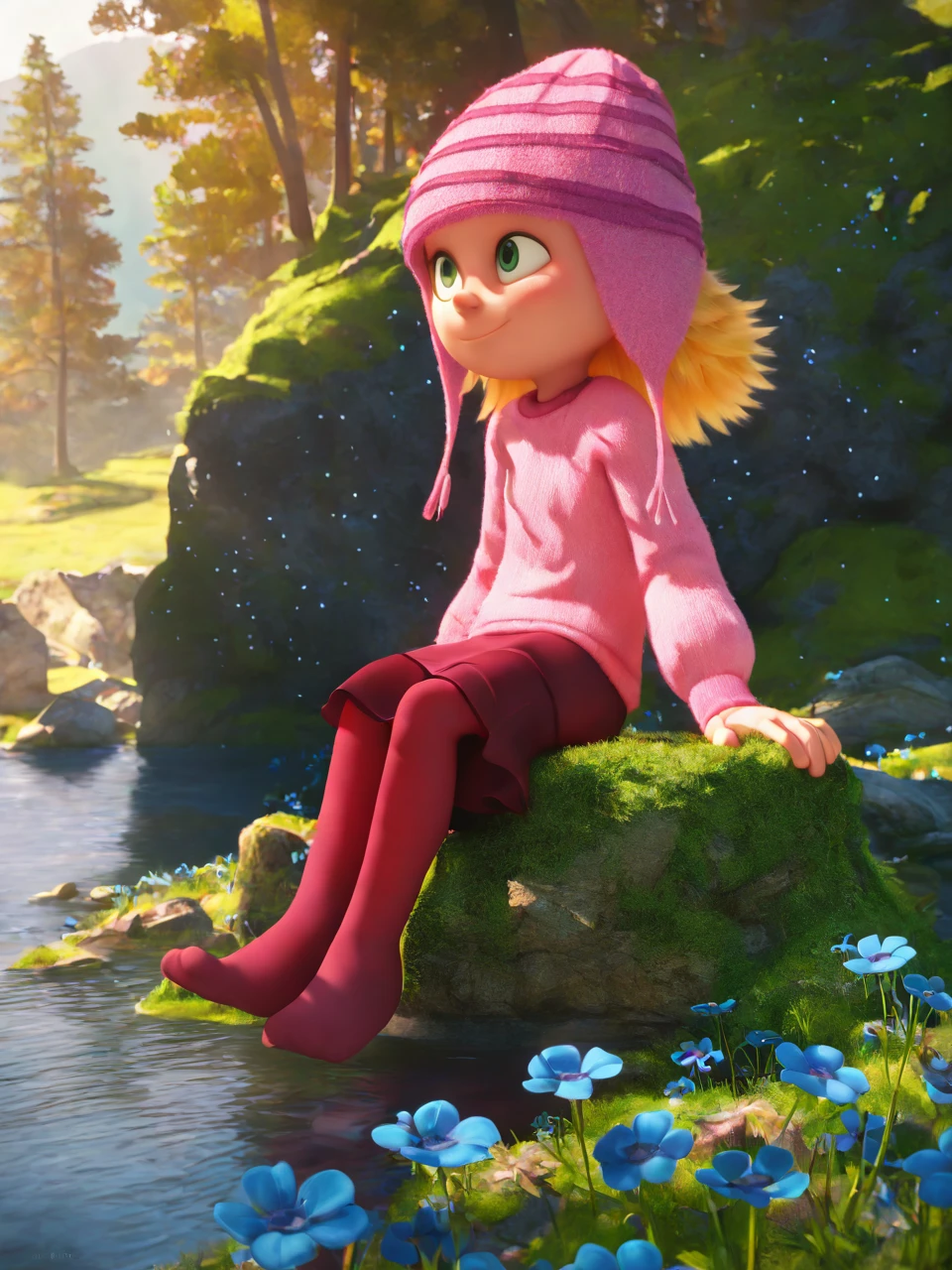 (masterpiece,best quality,newest,absurdres,highres), 3d1thG2u, solo, 1girl, green eyes, blonde hair, smile, closed mouth, pink beanie, red_legwear, pink sweater, red skirt, sitting, smile, looking afar, rock, cliff, landscape, flowers, blue flower, river, overgrown, sunshine, moss, tree, sunlight, shadows, natural lighting, light particles, <lora:Edith_Gru_IllustriousXL_PM:0.9> <lora:add-detail-xl:1>