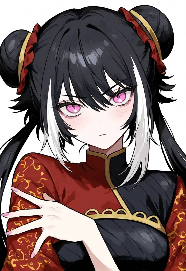 masterpiece, perfect face, beautiful face, perfect hands, beautiful hands, <lora:Jia_Xichun_Illustrious:1>, 1girl, solo, JiaXichunLimbus, long hair, twintails, multicolored hair, black hair, white hair, double bun, pink eyes, chinese clothes, black clothes, china dress, looking at viewer, serious, light blush, simple white background. upper body, portrait