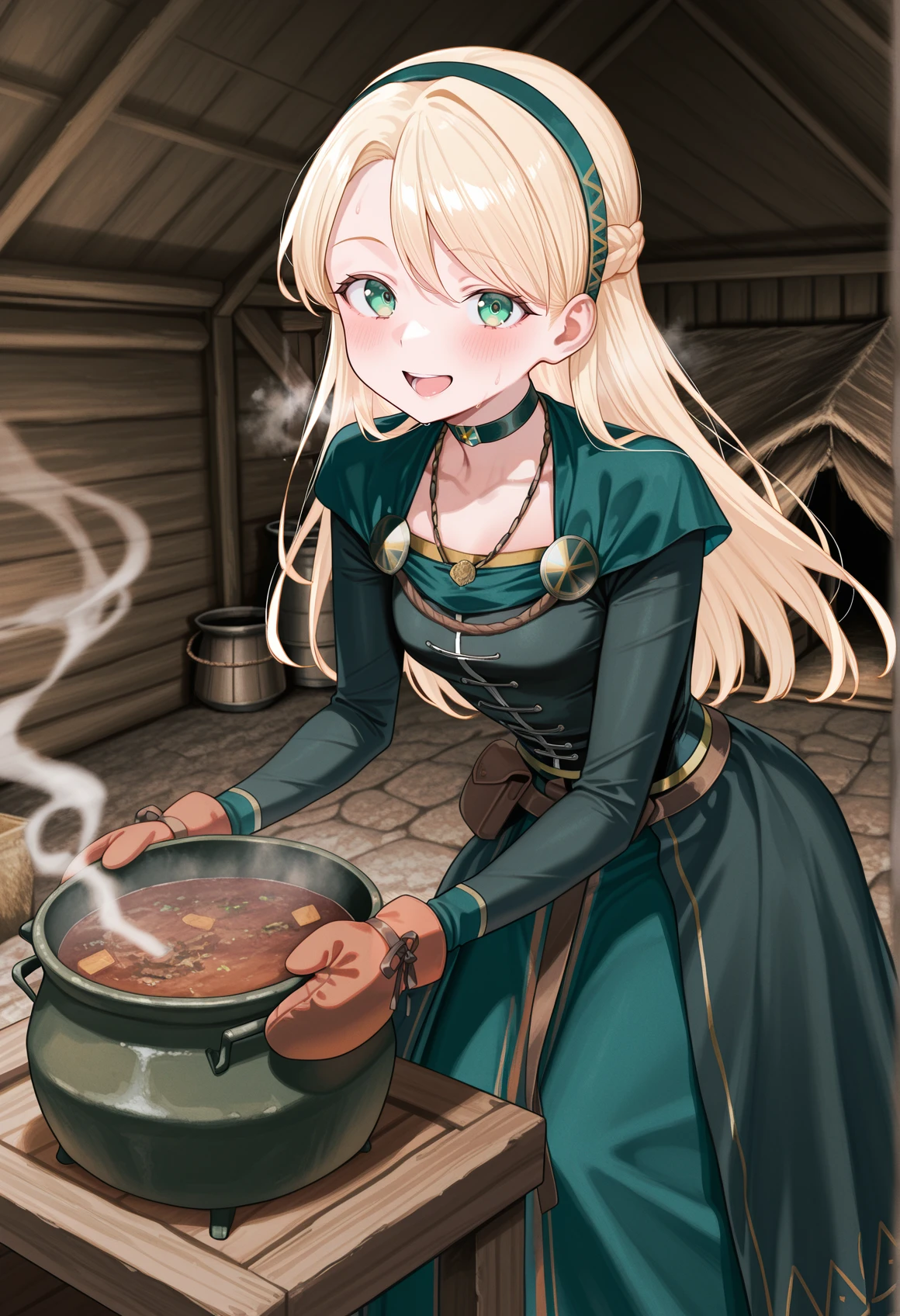 1girl, solo, blonde hair, green eyes, hairband, french braid, choker, german clothes, jewelry, capelet, dress, long sleeves, long skirt, apron, frills, indoors, hut, holding nabe pot, smoke, mittens, smile, open mouth, looking at viewer, <lora:Gerda_FGO_illus:1>, masterpiece, best quality, amazing quality, very aesthetic, absurdres, highres, newest