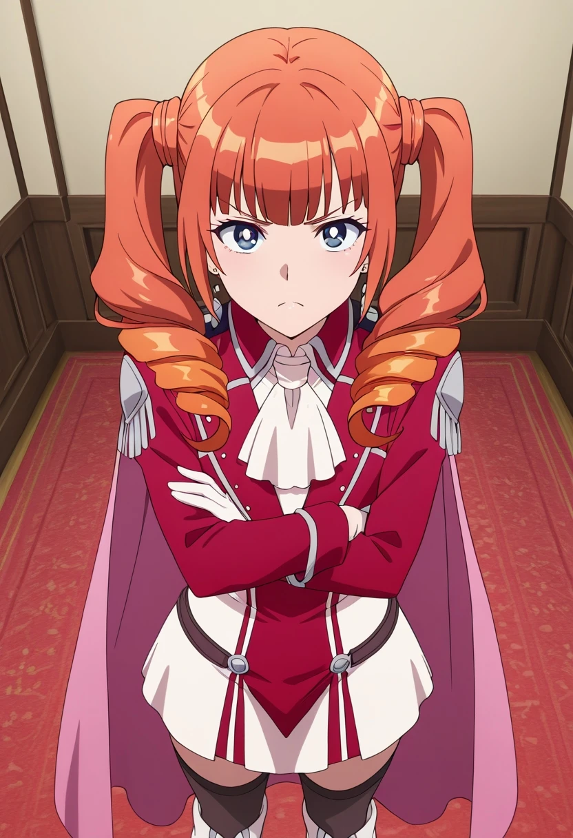 masterpiece, best quality, newest, absurdres, highres, detailed eyes, beautiful, detailed background, perfect eyes, anime coloring, anime screencap, 1girl, solo, wise (okaa-san online), orange hair, long hair, twintails, twin drills, blunt bangs, sidelocks, blue eyes, earrings, pink cape, red cropped jacket, long sleeves, ascot, white gloves, white dress, black thighhighs, white boots, looking at viewer, crossed arms, frown, (indoors),