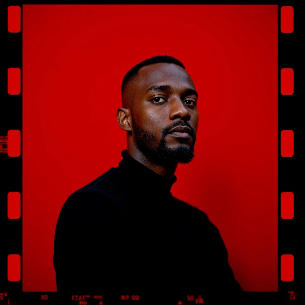Hyperrealistic art of <lora:cinematic filmstrip Analog v1.5:1>
Cinematic Analog Photography style, cinematic filmstrip style of a dark skin man with a beard and a black shirt, perfect image, perfect body, perfect anatomy, sharp image, detailed image, Kodak film style, high quality cinematic photography, cinematic film style, cinematic filmstrip style, solo, looking at viewer, short hair, black hair, black eyes, facial hair, border, red background, beard, very short hair, upper body, black border, buzz cut, simple background, turtleneck, black sweater, mature male, serious look, kodak porta400 English text, Extremely high-resolution details, photographic, realism pushed to extreme, fine texture, incredibly lifelike
