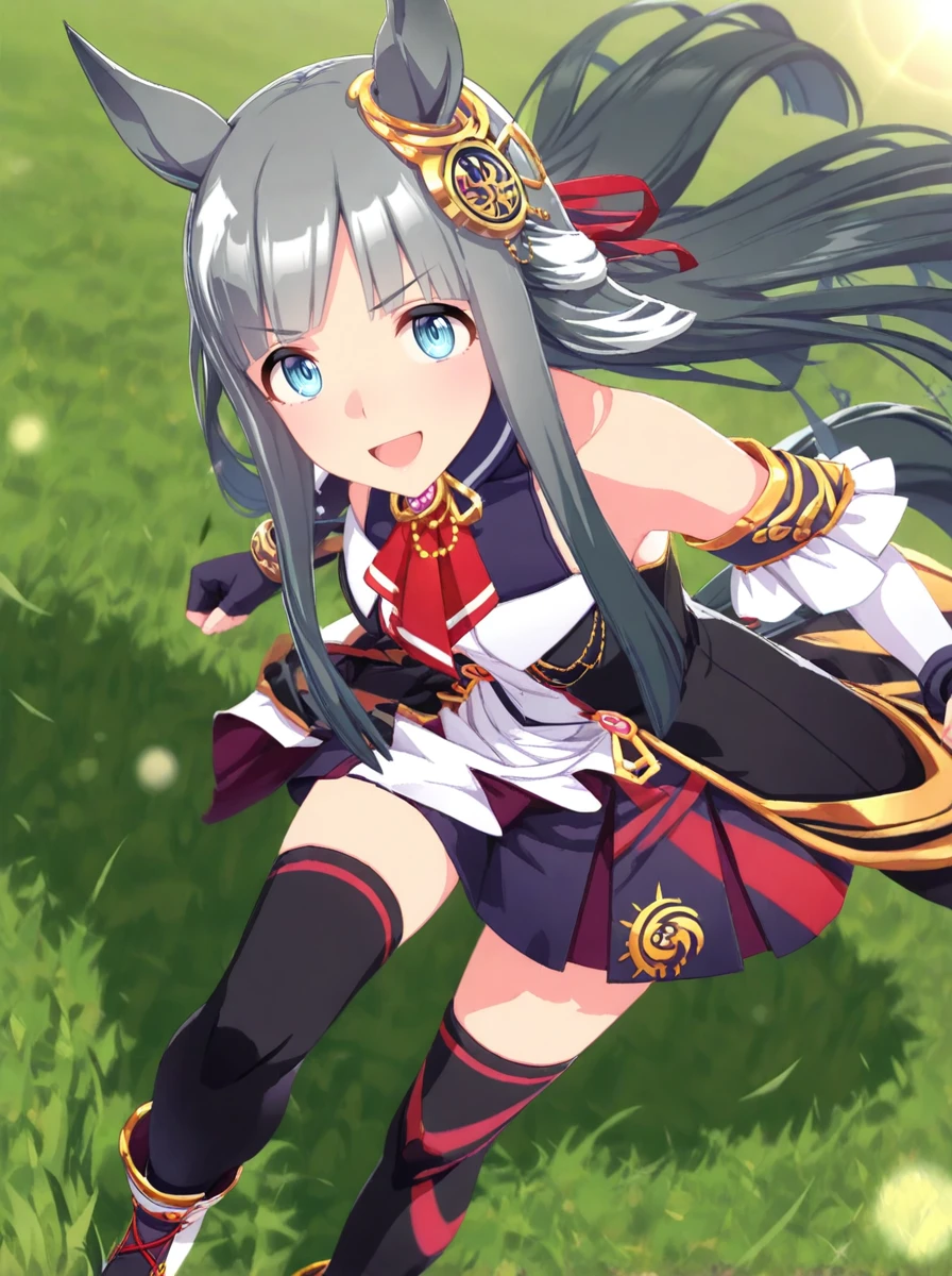 masterpiece, best quality, absurdres,ultra detailed,floating hair,
chrono genesis\(umamusume\), 1girl, horse ears, ear ornament, looking at viewer, mismatched black thighhighs, horse tail, fingerless black gloves, two-tone skirt, sleeveless, mismatched gloves, ankle boots, :d, mismatched detached sleeves, backless multicolored asymmetrical dress, collared halterturtleneck shirt, single bracelet, red neckerchief, red hair ribbon ornament,white sleevele,black sleevele
big smile,
on grass, dynamic pose, dynamic angle,
motion blur, lens flare,
<lora:ILL_chrono_genesis_ver1.0:0.8>