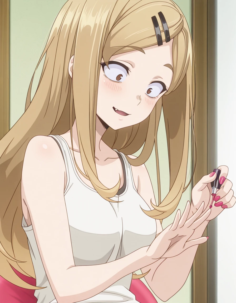 masterpiece, best quality, amazing quality,, <lora:saya-endou-s2-ponyxl-lora-nochekaiser:1>, saya endou, long hair, blonde hair, hair ornament, brown eyes, hairclip, fang, wide-eyed, constricted pupils, sanpaku, mature female, small breasts, anime screencap, <lora:applying-manicure-illustriousxl-lora-nochekaiser:1>, applying manicure, looking down, blush, smile, bare shoulders, sitting, collarbone, nail polish, sdolphin shorts, tank top, fingernails, parted lips,, ,