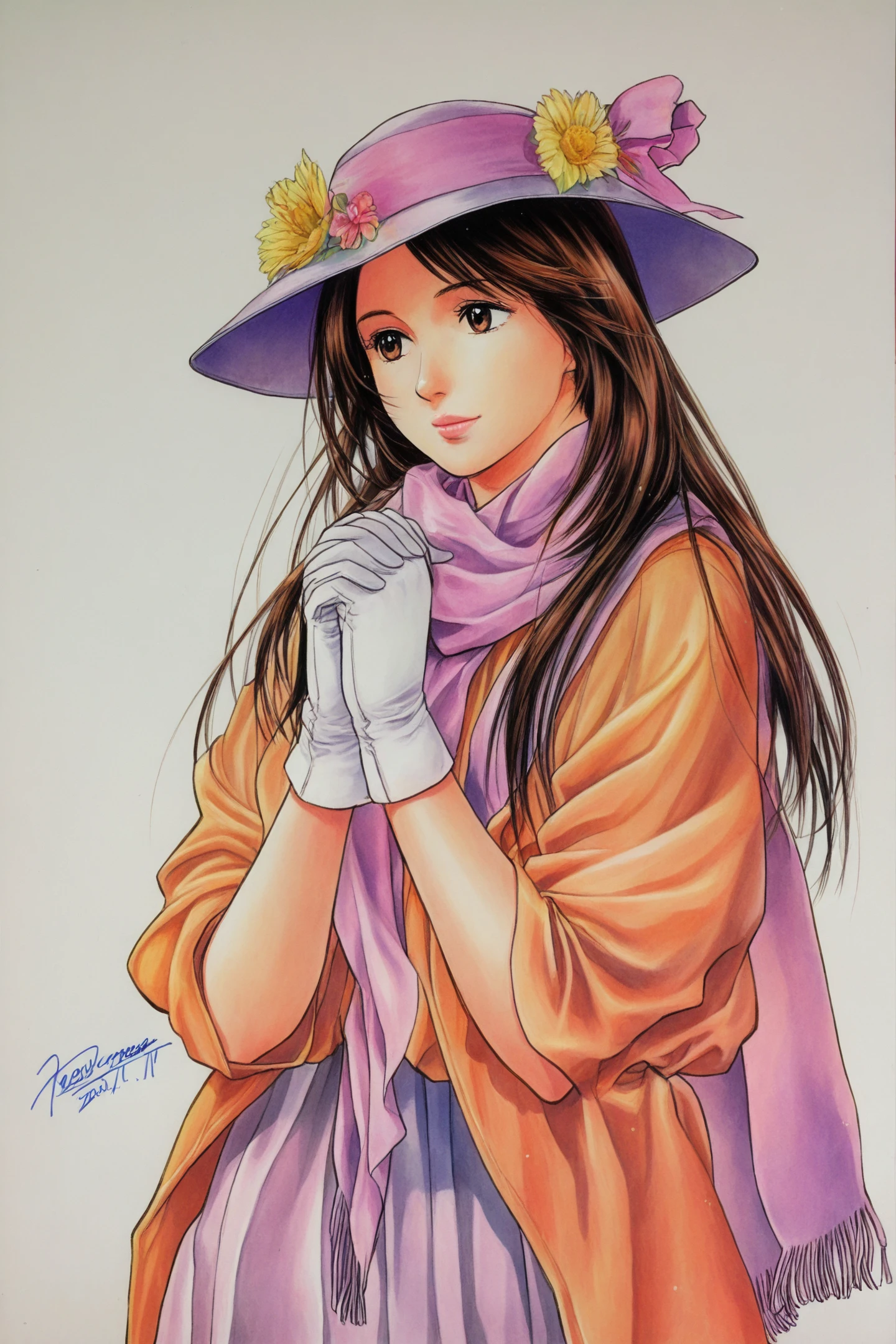 solo,gloves,1girl,hat,brown eyes,flower,brown hair,signature,lips,white background,white gloves,long hair,own hands together,hat flower,scarf,dated,traditional media,simple background,own hands clasped,
<lora:Tsukasa Hojo_illustriousXL:0.8>,