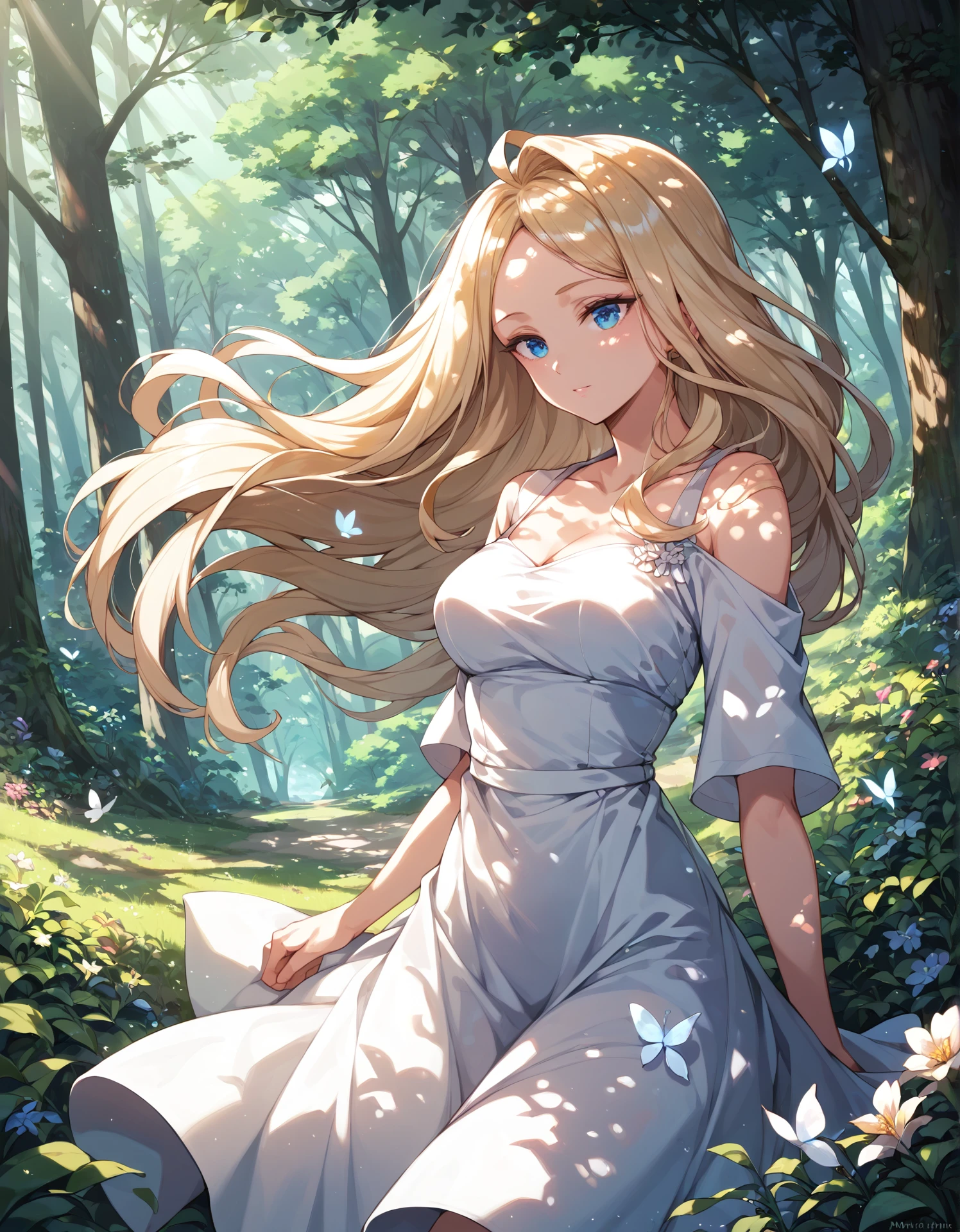 score_9, score_8_up, score_7_up, score_6_up, <lora:hinaPonyRealistic_v5-mbp-rev1:0.7>, hina, newest, scenery, (dappled sunlight:1.2), rim light, backlit, dramatic shadow, 1girl, blonde hair, blue eyes, shiny eyes, white dress, forest, flowers, white butterfly,