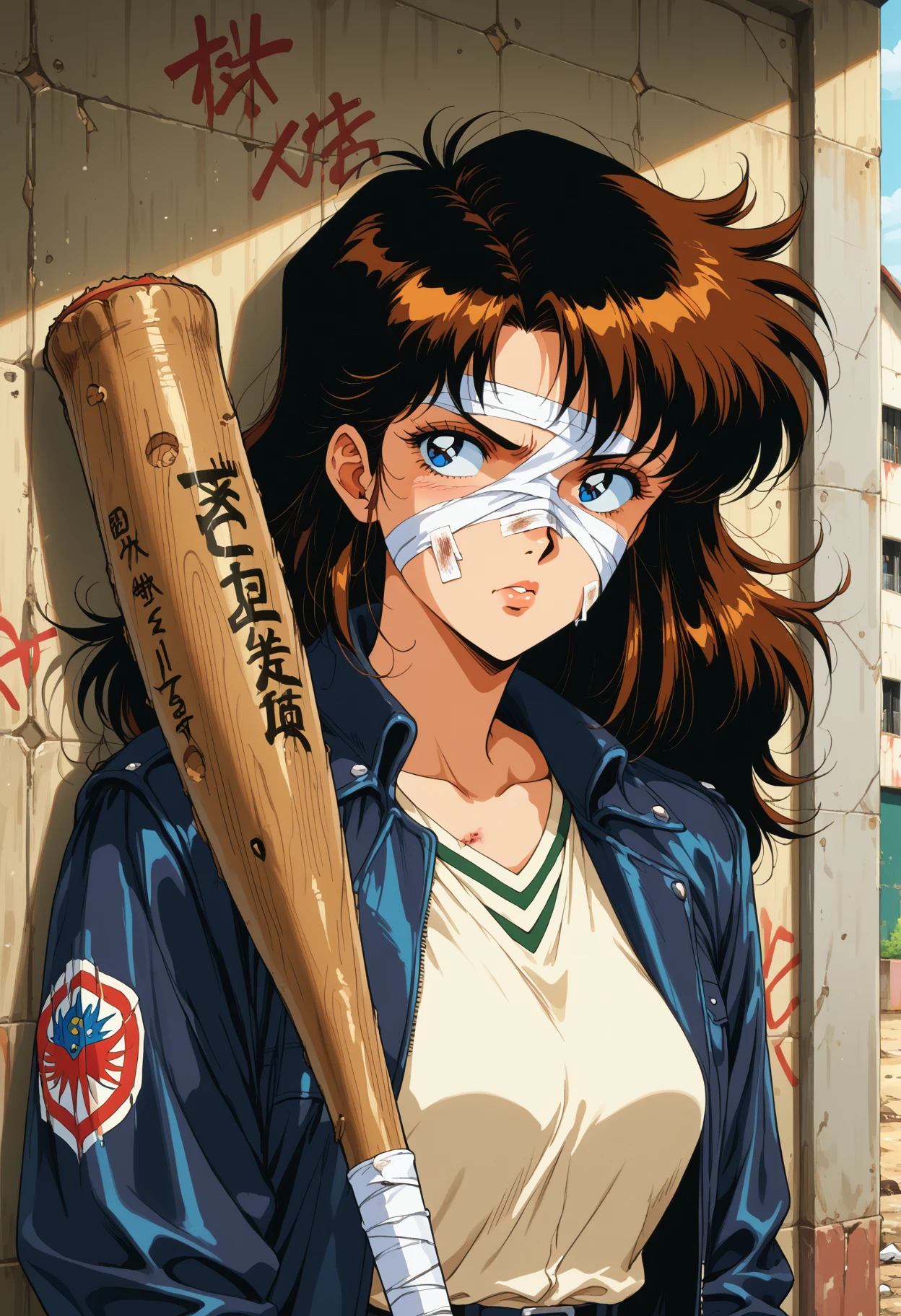 score_9,score_8_up,score_7_up, source_anime, modernretroanime, retro artstyle, 1girl, solo, Japanese high school, delinquent aesthetic, baseball bat on shoulder, leather jacket, long messy hair, rebellious expression, bandages on face, cigarette between lips, abandoned schoolyard, graffiti walls, old-school anime feel
