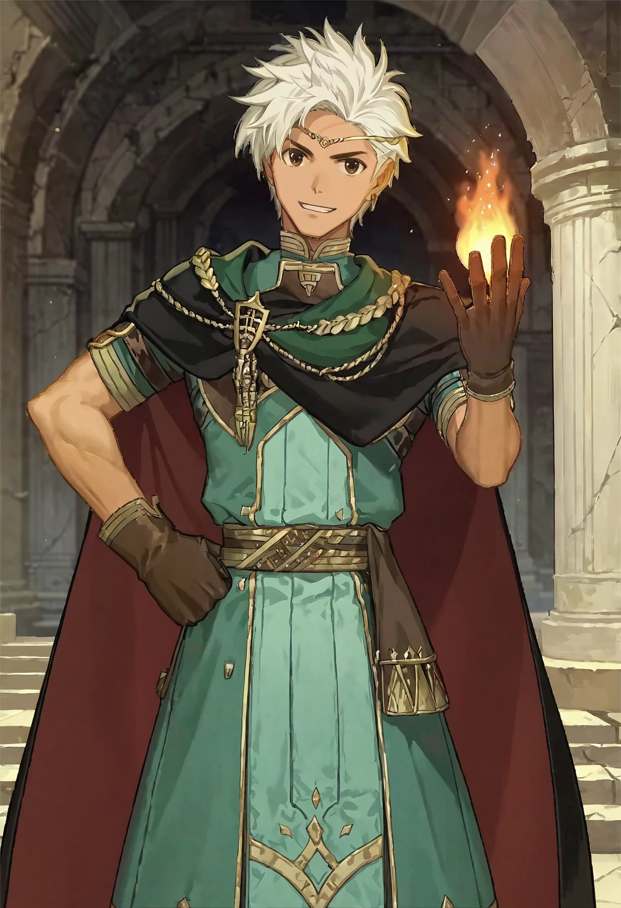 score_9, score_8_up, score_7_up, source_anime, official artstyle, anime screencap, highly detailed,1boy, solo, male focus, perfect composition, good shading, masterpiece, masterwork, best quality, absurdres, hyper-detailed, 8k uhd:1.2, 1boy, solo, male focus, indoors, ruins, green mantle, red and black cape, brown leather gloves, right hand on hip, holding left hand up, flame in left hand, grinning, happy,boey,white hair,brown eyes,circlet,dark skin