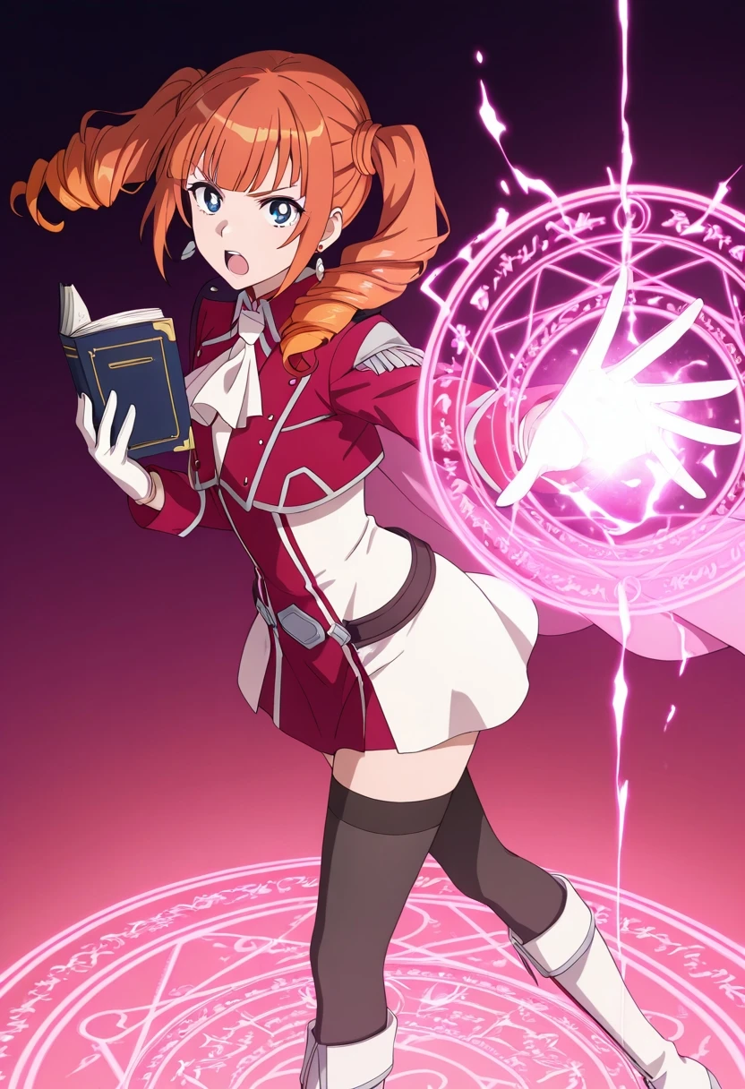 masterpiece, best quality, newest, absurdres, highres, detailed eyes, beautiful, detailed background, perfect eyes, anime coloring, anime screencap, 1girl, solo, wise (okaa-san online), orange hair, long hair, twintails, twin drills, blunt bangs, sidelocks, blue eyes, earrings, pink cape, red cropped jacket, long sleeves, ascot, white gloves, white dress, black thighhighs, white boots, looking at viewer, frown, open mouth, outstreched arm, (simple background, gradient background, magic, casting spell, magic circle, holding book, turning pages),
