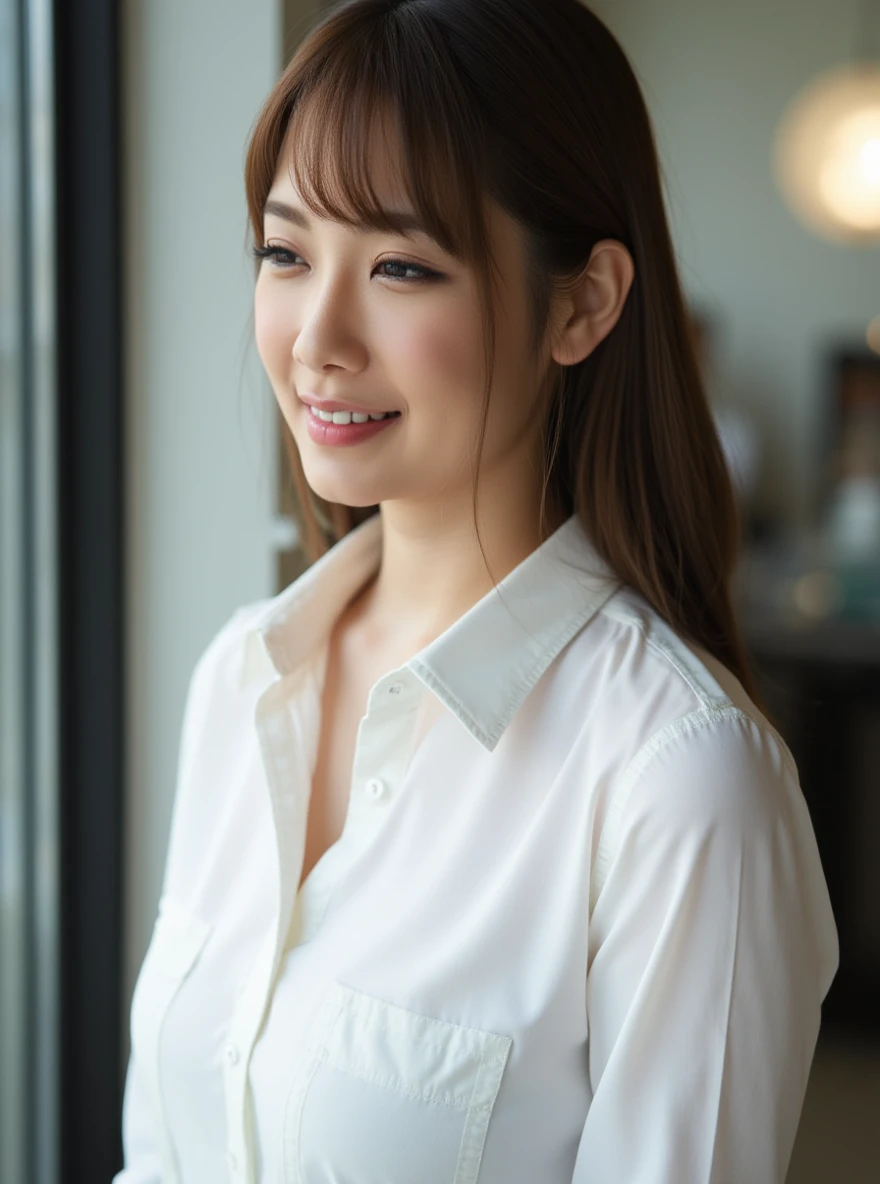 portrait of sh10nuts0 woman, on a office, glass window, serene and warm, natural lighting, soft focus, high-resolution, elegant and introspective atmosphere, quiet sophistication, wearing a white shirt all buttons closed, slight smile, makeup
