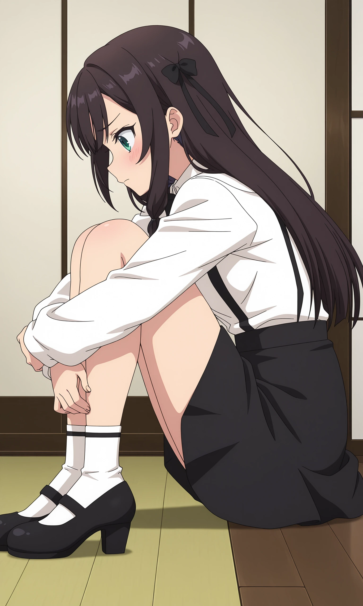 (1 girl solo),(dark skin:1.5) ,20 years old, (black hair:1.3), (glasses:1.4), , (straight hair:1.5), (evil smile:1.2) ,long sidelocks, (blush:1.3),(kneeling:1.3),(Put left knee in front:1.5),(boy's school uniform long pant:1.5),(loosen necktie:1.2),spread legs,bend knee,(open shirt:1.5),(short_sleeves shirt:1.3),(low long ponytail:1.4),(blunt bangs:1.4), (greaming skin:1.3),(flat_chest),(wide hips:1.3)