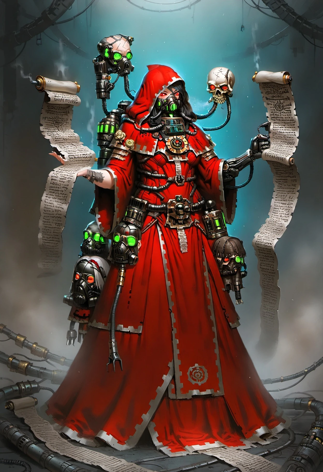 masterpiece, best quality, <lora:adeptus_mechanicus_character_ill_v1:1> characteradeptusmechanicus, 1girl, solo, red eyes, holding, hood, mask, glowing, hood up, robe, skull, cable, scroll, gas mask, tube, respirator, red robe