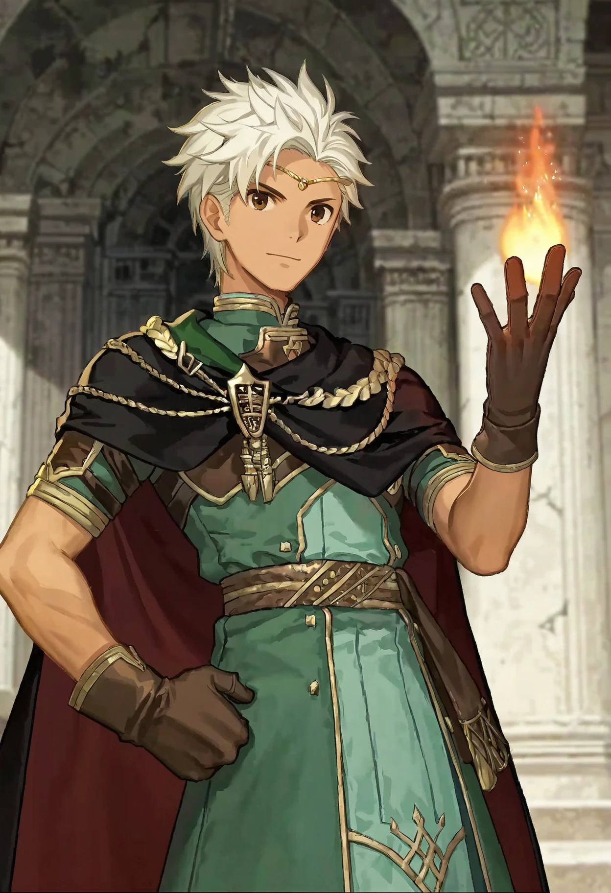 score_9, score_8_up, score_7_up, source_anime, official artstyle, anime screencap, highly detailed,1boy, solo, male focus, perfect composition, good shading, masterpiece, masterwork, best quality, absurdres, hyper-detailed, 8k uhd:1.2, 1boy, solo, male focus, indoors, ruins, green mantle, red and black cape, brown leather gloves, right hand on hip, holding left hand up, flame in left hand, grinning, happy,boey,white hair,brown eyes,circlet,dark skin