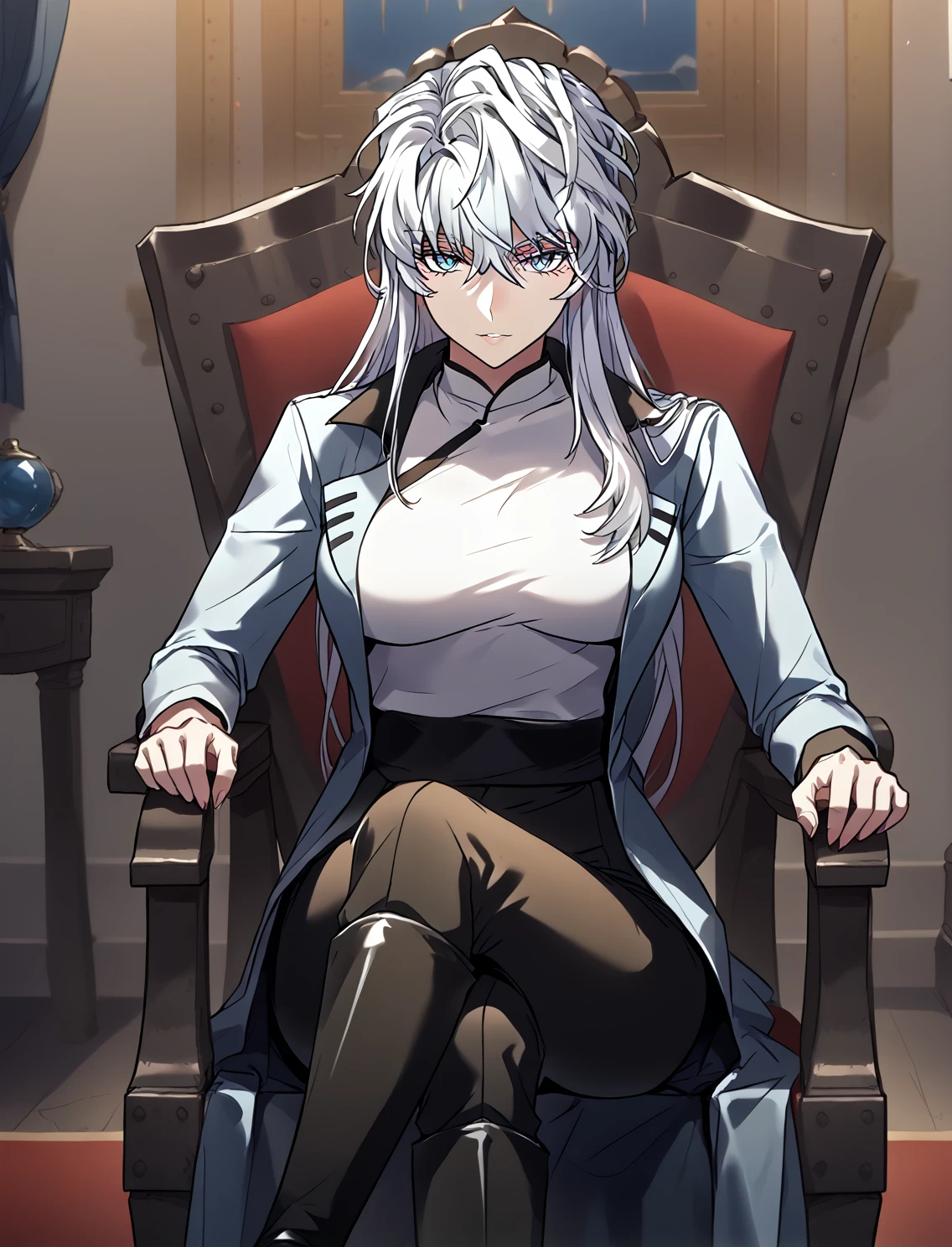 <lora:Icarus:1>
white hair, long hair, loose hair, blue eyes, black pants <lora:!action-sdxl-V0.5:1>
(Anime_source),Masterpiece,(perfect female body:1.2), small waist,(incredibly detailed:1.4), slim, beautiful fingers, beautiful white skin, Beautiful clear skin, (large breasts:1.4) thick thighs, parted lips, looking at viewer, big breasts, ass, perfect ass, 1girl, sitting on throne, crossed legs, castle room background <lora:light:1>
