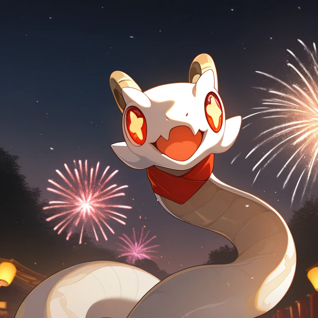 masterpiece, best quality, ultra-detailed, very aesthetic, detailed background, year 2023, very aesthetic, newest, scenery, highres, 4k, absurdres, 8k, colorful,vibrant, glowing, perfect face, 2d, perfect eyes, detailed eyes, 1girl, solo, night sky, cowboy shot, fireworks, floating, open mouth, smile, +_+, RicCakHi3, animal, red scarf, horns, no humans, snake, white snake, red eyes,
masterpiece, best quality, ultra-detailed, very aesthetic, newest, scenery, absurdres,