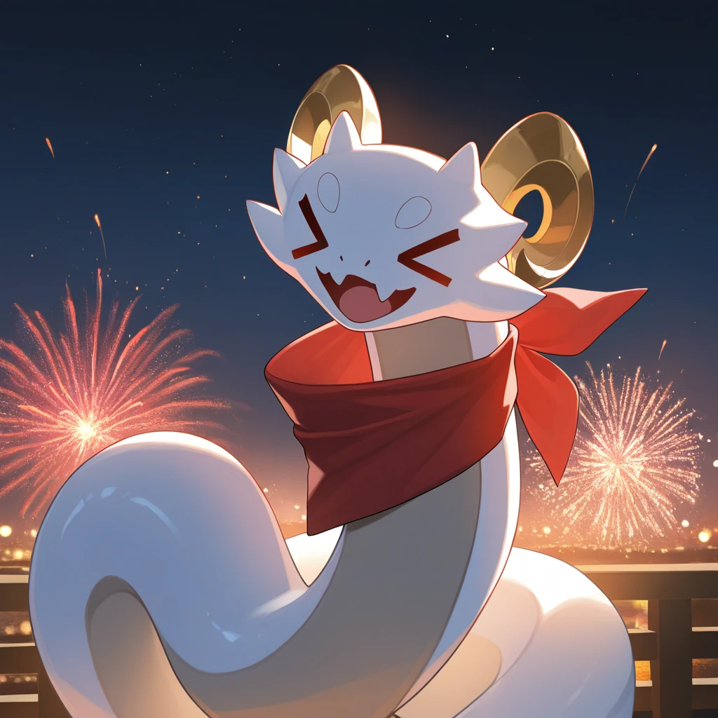 masterpiece, best quality, ultra-detailed, very aesthetic, detailed background, year 2023, very aesthetic, newest, scenery, highres, 4k, absurdres, 8k, colorful,vibrant, glowing, perfect face, 2d, perfect eyes, detailed eyes, 1girl, solo, night sky, cowboy shot, fireworks, smile, open mouth, >_<, RicCakHi3, animal, red scarf, horns, no humans, snake, white snake,
masterpiece, best quality, ultra-detailed, very aesthetic, newest, scenery, absurdres,