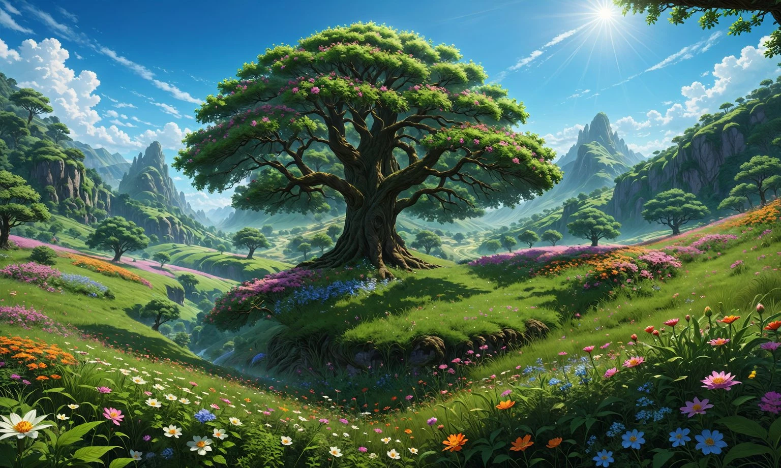 (masterpiece, best quality:1.5), absurdres, intricate details, 8k, fantasy, L0DBG, no humans, panoramic view, nature, overgrown, , sky, scenery, floating particles, day, perfect shadow, volumetric lighting, tree, flower, valley, digital illustration, perfect composition, highly detailed, extremely detailed landscape, (hyper detailed), 8k resolution, hyper-detailed