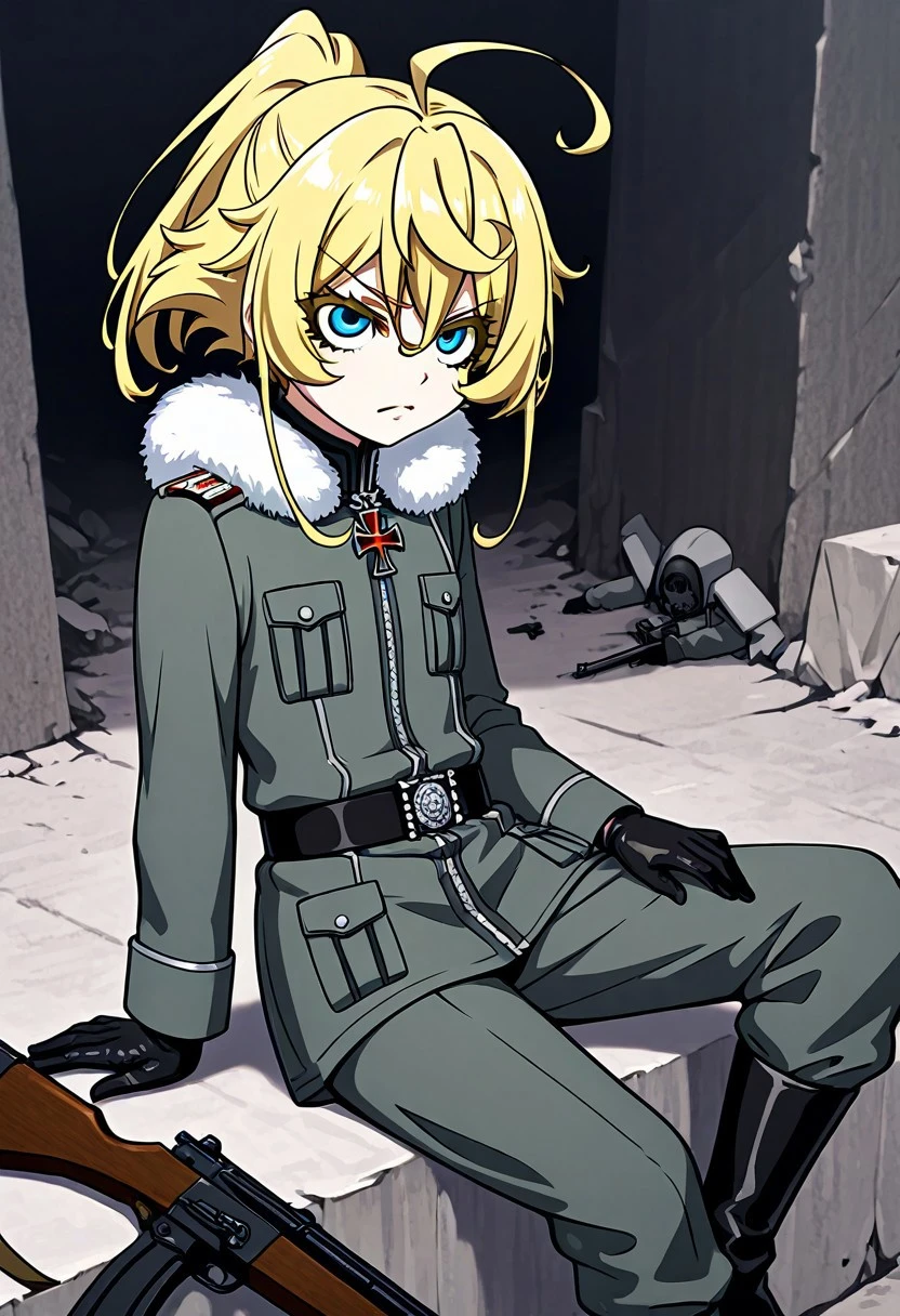 masterpiece, best quality, tanya degurechaff,
1girl, blonde hair, blue eyes, tiny breasts, high ponytail, antenna hair, short hair with long locks, ahoge,
grey military uniform, fur trim, zipper, black boots, black gloves, iron cross, rifle,