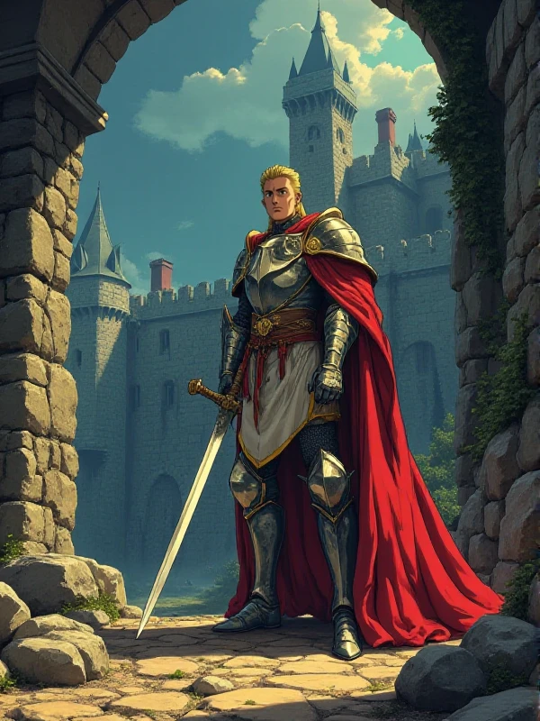 <lora:90s_Anime:0.9> 90s anime, a powerful knight with a sword in a castle