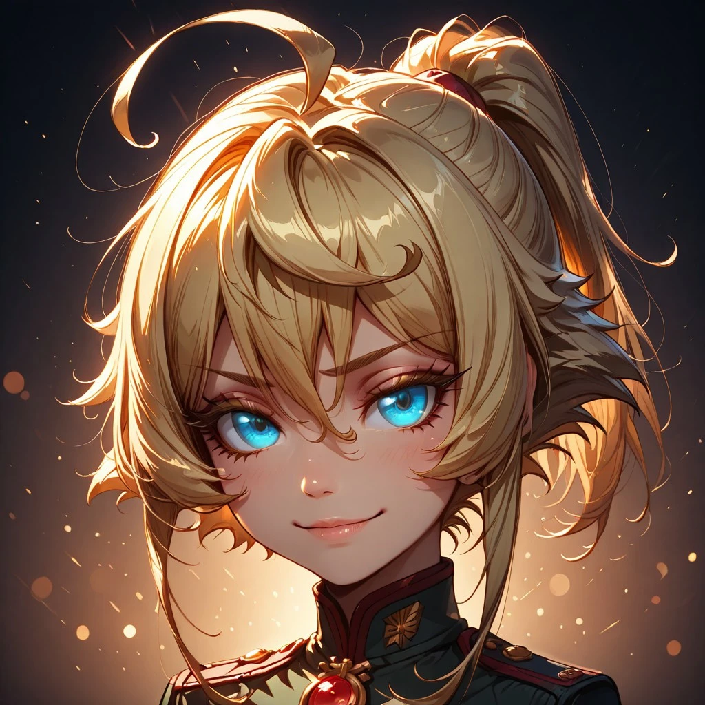 score_9, score_8_up, score_7_up, dynamic view, eye_focus, solo, looking_at_viewer, 1girl,
masterpiece, best quality, bokeh, luminescent background,
( tanya degurechaff,
1girl, blonde hair, blue eyes, tiny breasts, high ponytail, antenna hair, short hair with long locks, ahoge,
),
portrait, happy,