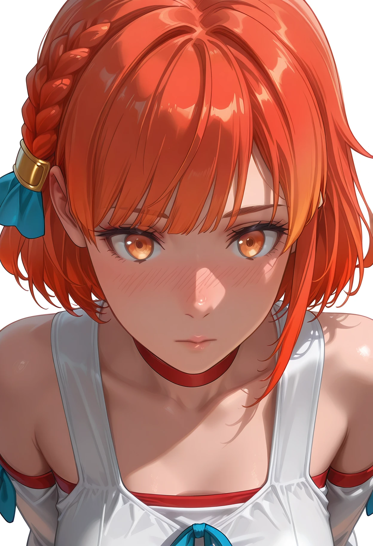 Smooth Quality,masterpiece, absurdres, best quality,ultra realistic, masterpiece, high detailed skin,
from above,expressionless,nose blush,hand focus,
simple background, white background, 
 <lora:CMaria:0.8>[il]maria,1girl, orange hair, short hair, orange eyes, bangs, braid,red hair, multicolored hair, gradient hair, medium hair,ribbon, hair ornament, blue ribbon, choker, 
monokini,