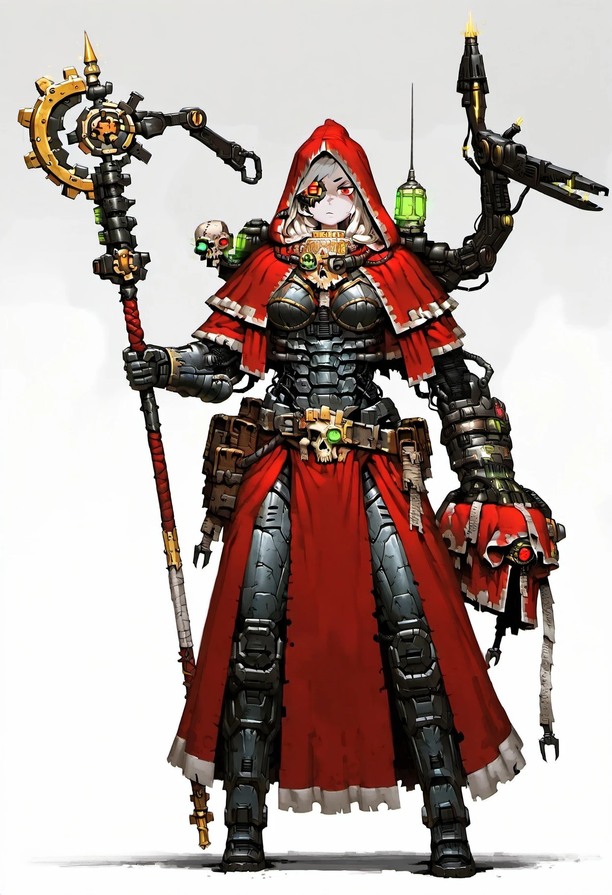 masterpiece, best quality, <lora:adeptus_mechanicus_character_ill_v1:1> characteradeptusmechanicus, 1girl, solo, looking at viewer, red eyes, holding, standing, full body, weapon, hood, holding weapon, armor, glowing, staff, gauntlets, hood up, pouch, skull, one-eyed, power armor, red hood, artificial eye, mechanical eye