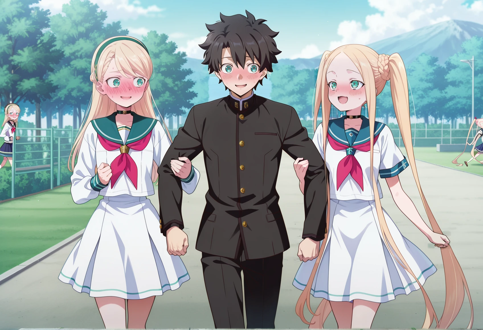 anime screencap, anime screenshot, 2girls, 1boy, take your pick, outdoors, school yard, walking, 1girl, blonde hair, green eyes, hairband, french braid, choker, serafuku, nervous smile, looking to the side, embarrassed, sleeve hold, flat chest <lora:Gerda_FGO_illus:1>
BREAK
anime screencap, anime screenshot, 2girls, 1boy, take your pick, outdoors, school yard, walking, 1boy, school uniform, fujimaru ritsuka \(male\), smile, looking at another, sleeve hold, hug, arm grab
BREAK
anime screencap, anime screenshot, 2girls, 1boy, take your pick, outdoors, school yard, walking, 1girl, braided buns, absurdly long hair, twintails, blonde hair, blue eyes, forehead, sidelocks, parted bangs, serafuku, looking at another, smile, open mouth, arm grab, hug <lora:Abby_Pretender:1>, masterpiece, best quality, amazing quality, very aesthetic, absurdres, highres, newest
