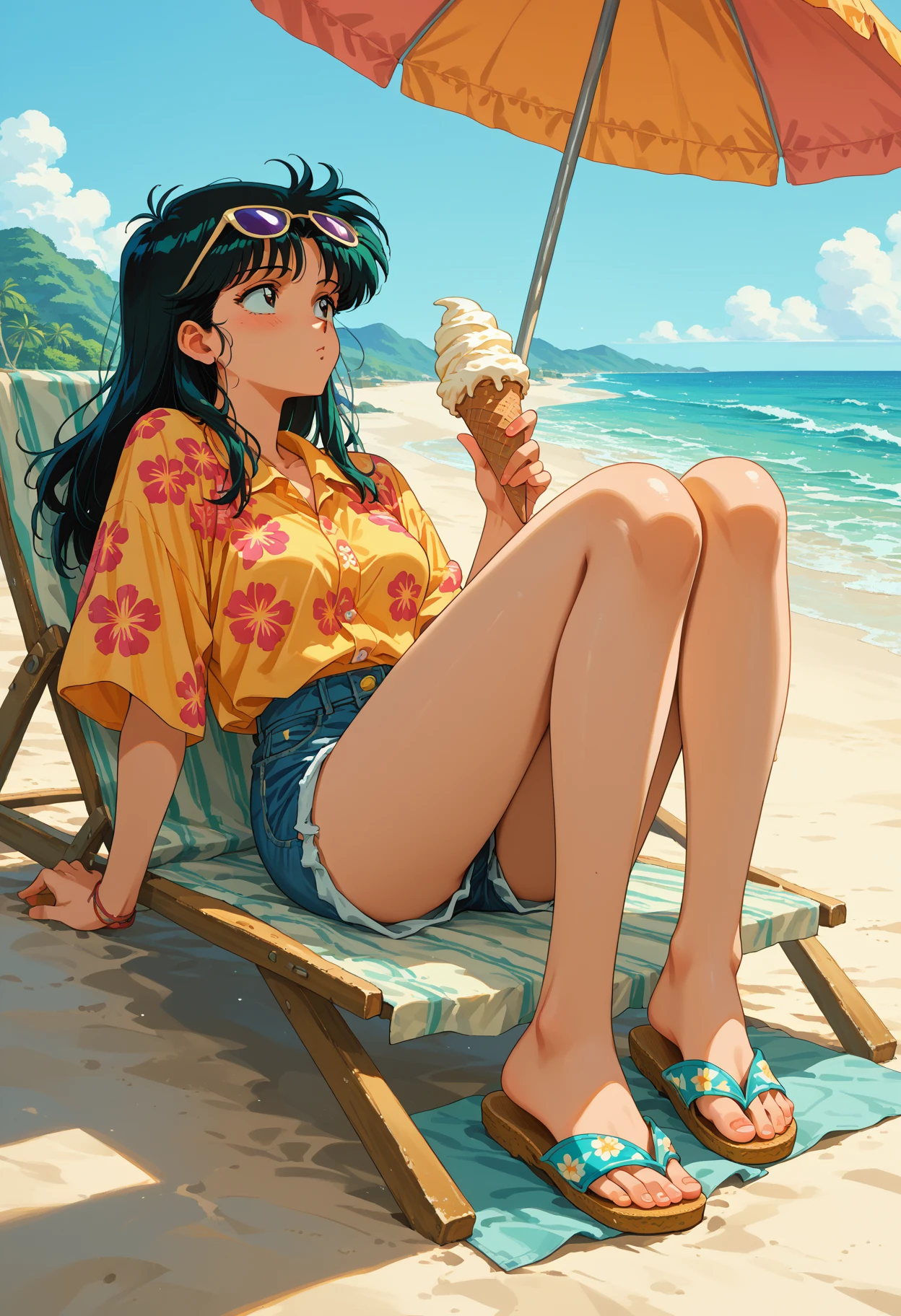 score_9,score_8_up,score_7_up, source_anime, modernretroanime, 1girl, solo, oversized Hawaiian shirt, high-waisted denim shorts, beach sandals, holding an ice cream cone, ocean in background, vintage summer vibes, relaxing under the sun, warm anime tones