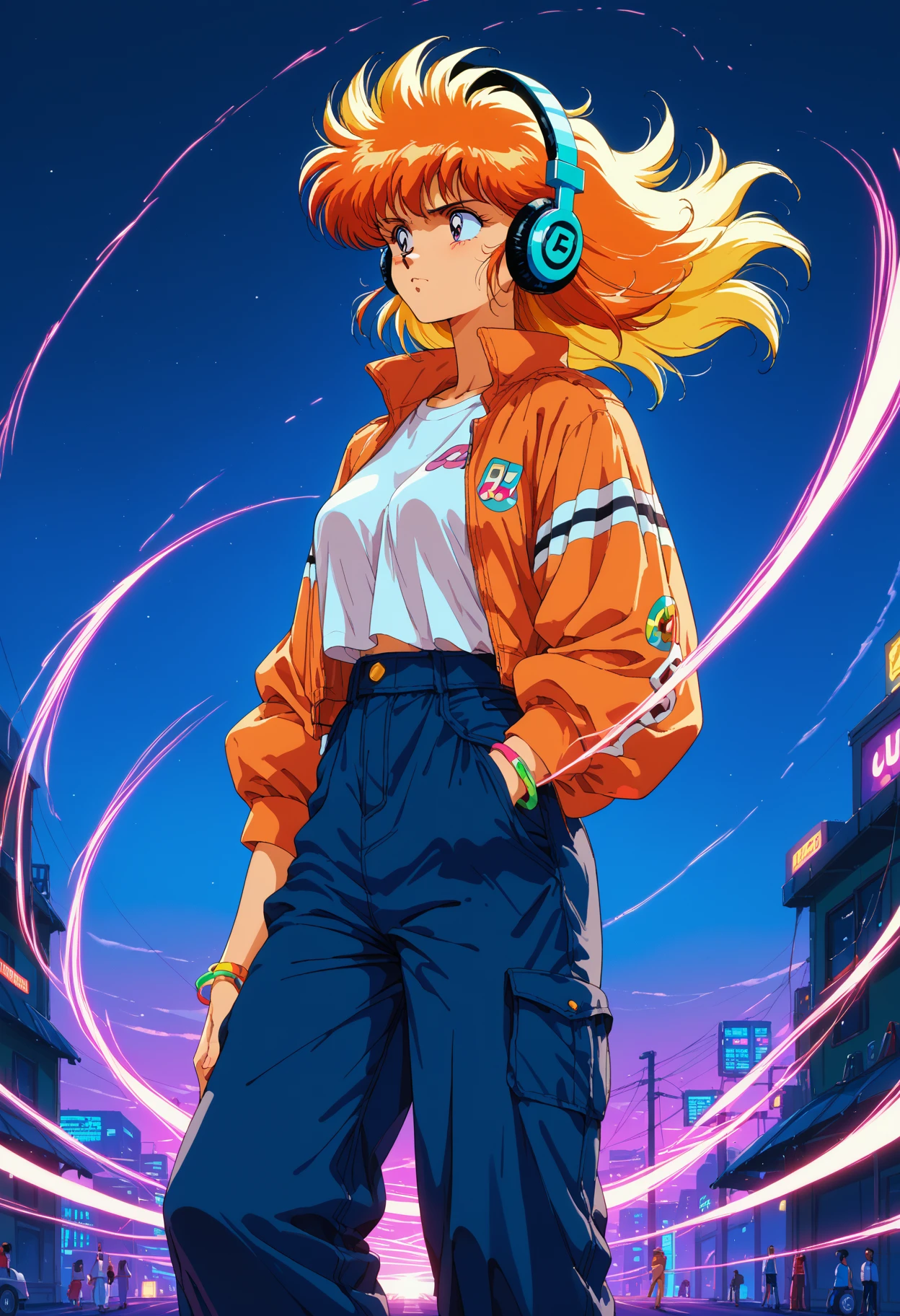 score_9,score_8_up,score_7_up, source_anime, modernretroanime, 1girl, solo, oversized windbreaker, cargo pants, vintage headphones, standing behind DJ turntables, neon-lit club, retro vinyl records, one hand adjusting volume, music energy, 90s party vibes