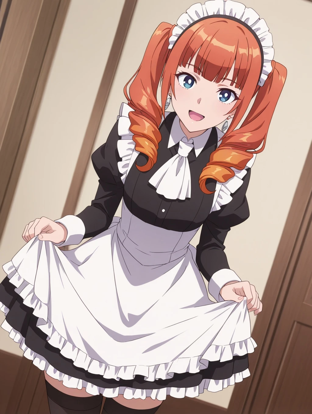 masterpiece, best quality, newest, absurdres, highres, detailed eyes, beautiful, detailed background, perfect eyes, anime coloring, anime screencap, 1girl, solo, wise (okaa-san online), orange hair, long hair, twintails, twin drills, blunt bangs, sidelocks, blue eyes, earrings, maid, maid hairband, maid headdress, black dress, juliet sleeves, white ascot, frills, black thighhighs, looking at viewer, dress hold, bowing, open mouth, smile, dutch angle, cowboy shot, (indoors, maid cafe)